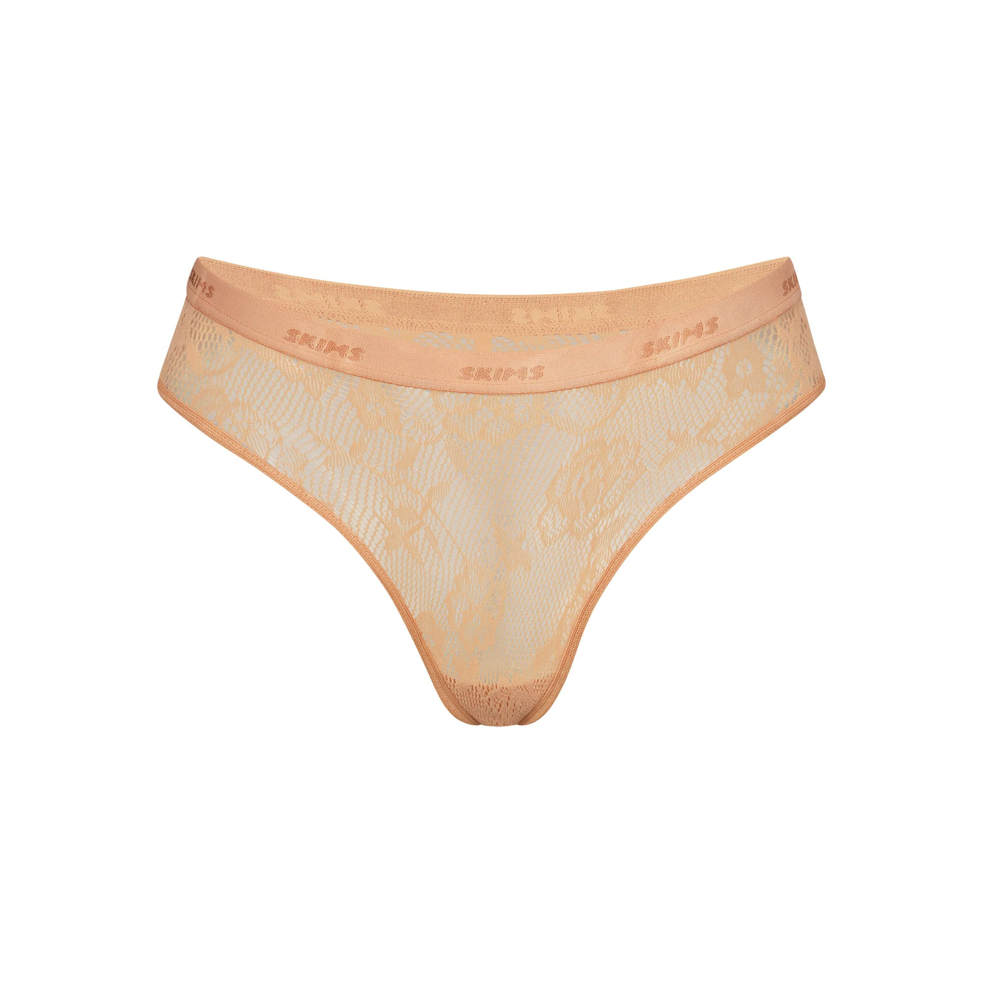 KNIT LACE DIPPED THONG LAYS FLAT ON A WHITE BACKGROUND