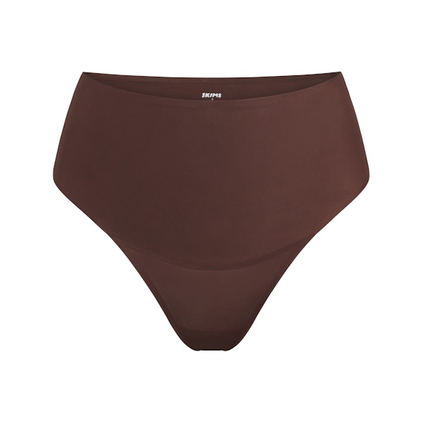 SMOOTHING INTIMATES HIGH-WAISTED THONG | COCOA (THONGS, PANTIES) LAYS FLAT ON A WHITE BACKGROUND | FLT