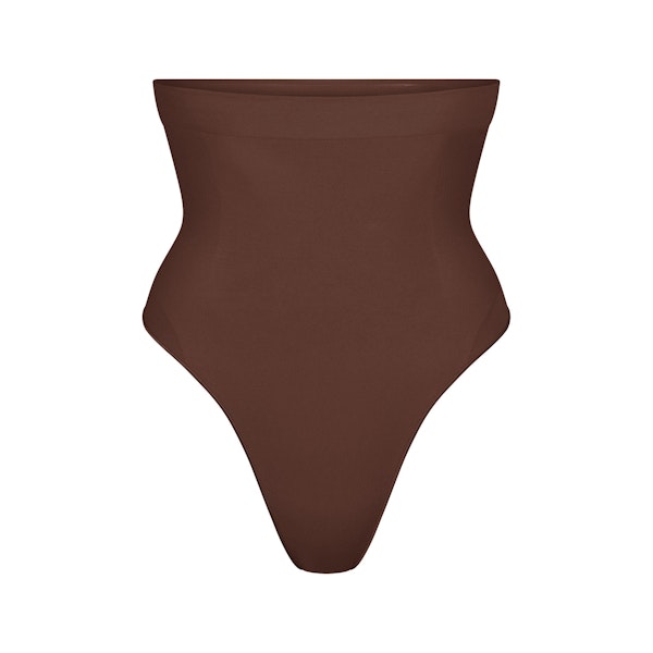 SEAMLESS SCULPT HIGH-WAISTED THONG | COCOA (SHAPEWEAR THONGS, SHAPEWEAR) LAYS FLAT ON A WHITE BACKGROUND | FLT