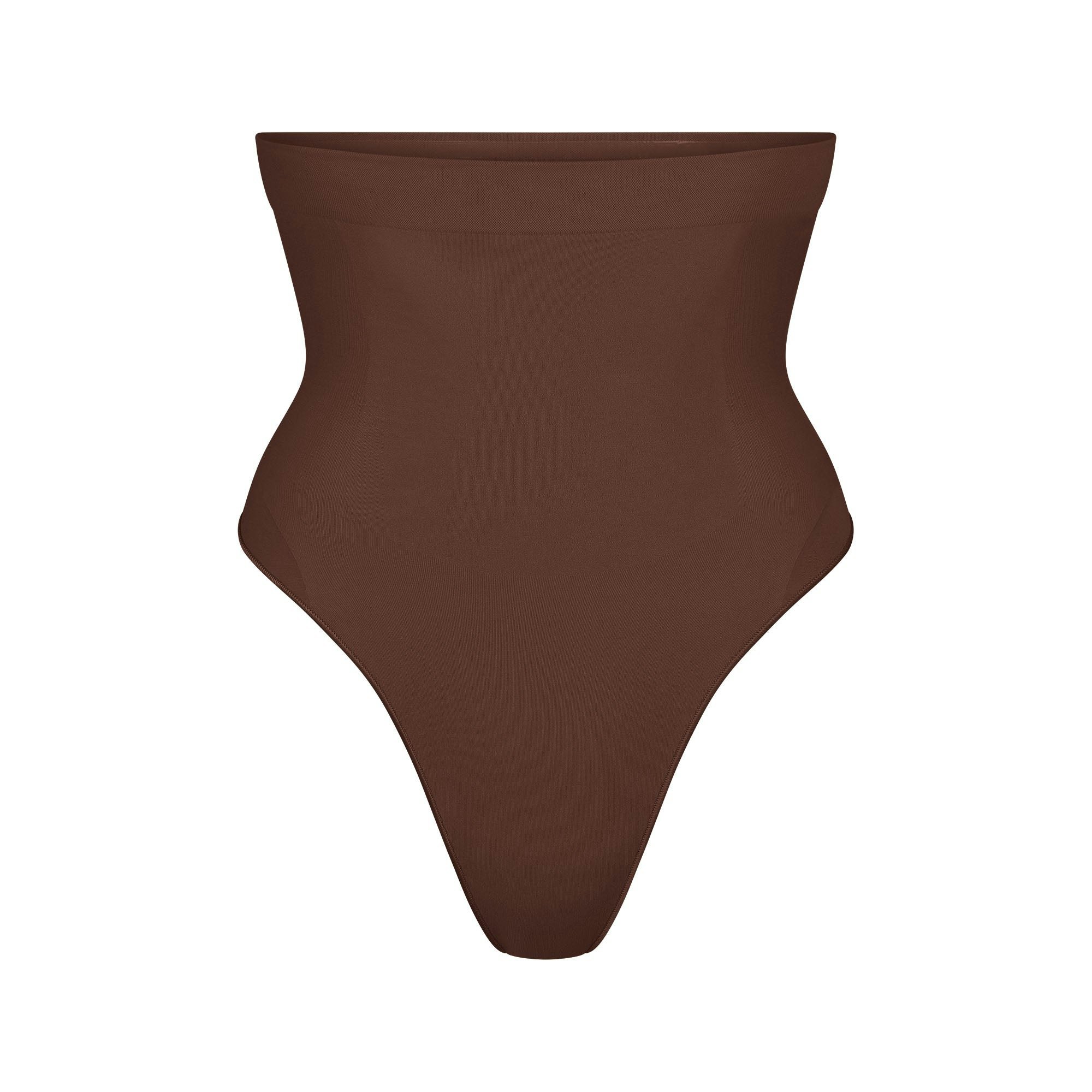 SEAMLESS SCULPT HIGH-WAISTED THONG | COCOA (SHAPEWEAR THONGS, SHAPEWEAR) LAYS FLAT ON A WHITE BACKGROUND | FLT