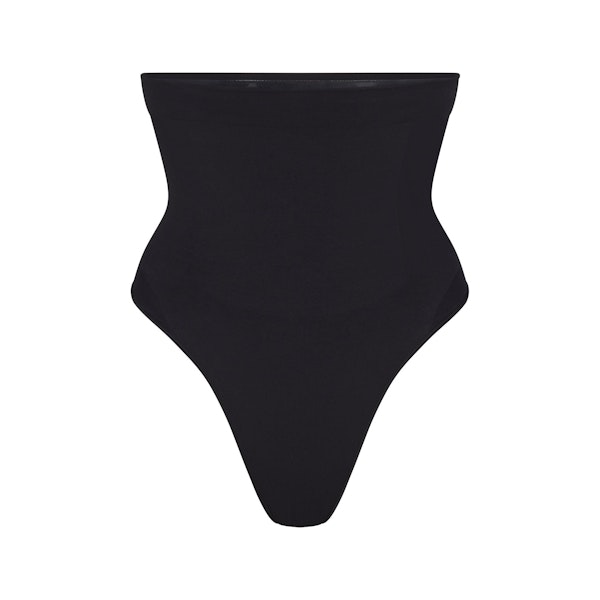 SEAMLESS SCULPT HIGH-WAISTED THONG | ONYX (SHAPEWEAR THONGS, PANTIES) LAYS FLAT ON A WHITE BACKGROUND | FLT