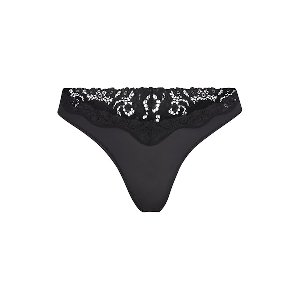 FITS EVERYBODY LACE DIPPED THONG | ONYX (THONGS, PANTIES) LAYS FLAT ON A WHITE BACKGROUND | FLT