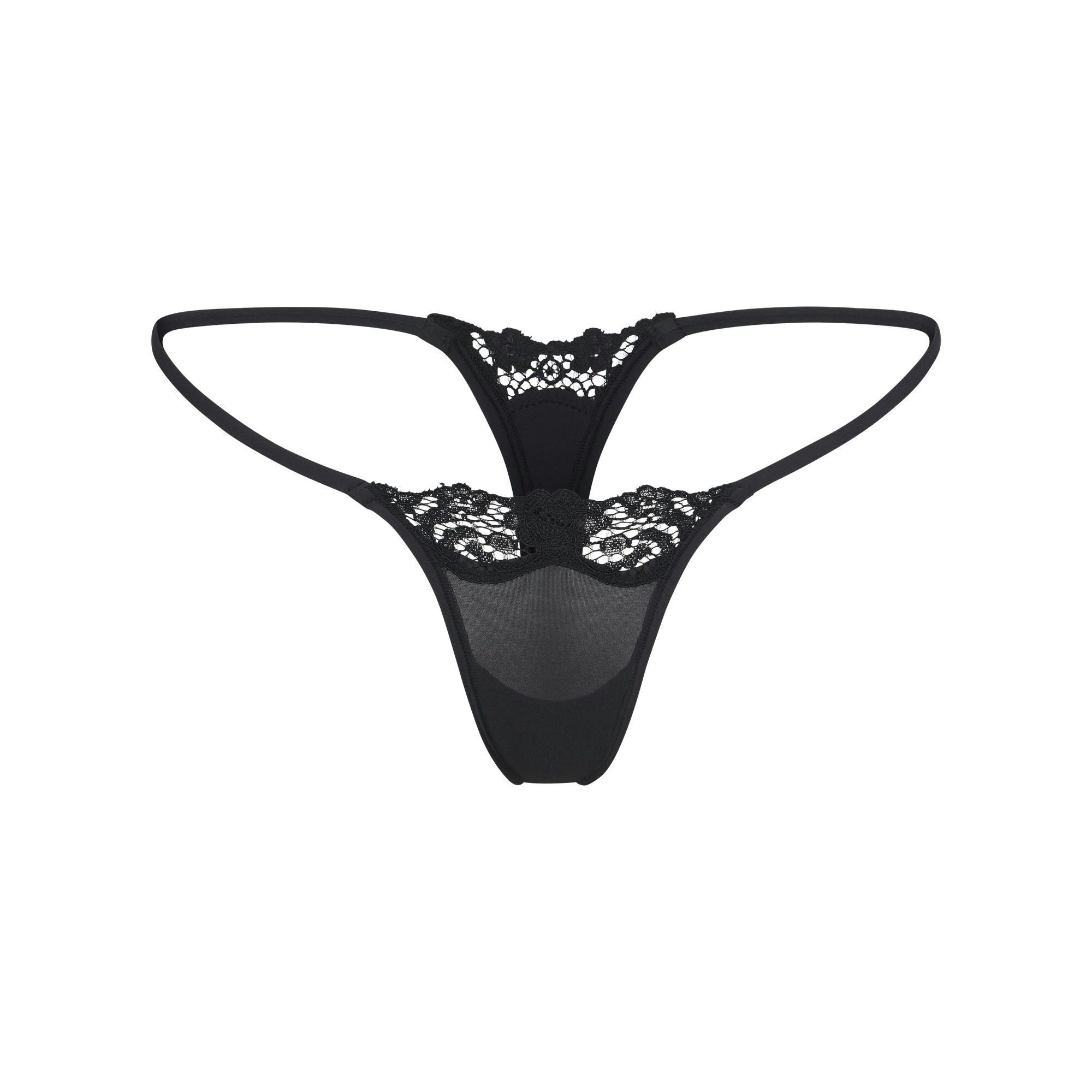 FITS EVERYBODY LACE STRING THONG | ONYX (THONGS, PANTIES) LAYS FLAT ON A WHITE BACKGROUND | FLT