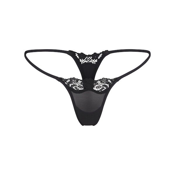 FITS EVERYBODY LACE STRING THONG | ONYX (THONGS, PANTIES) LAYS FLAT ON A WHITE BACKGROUND | FLT