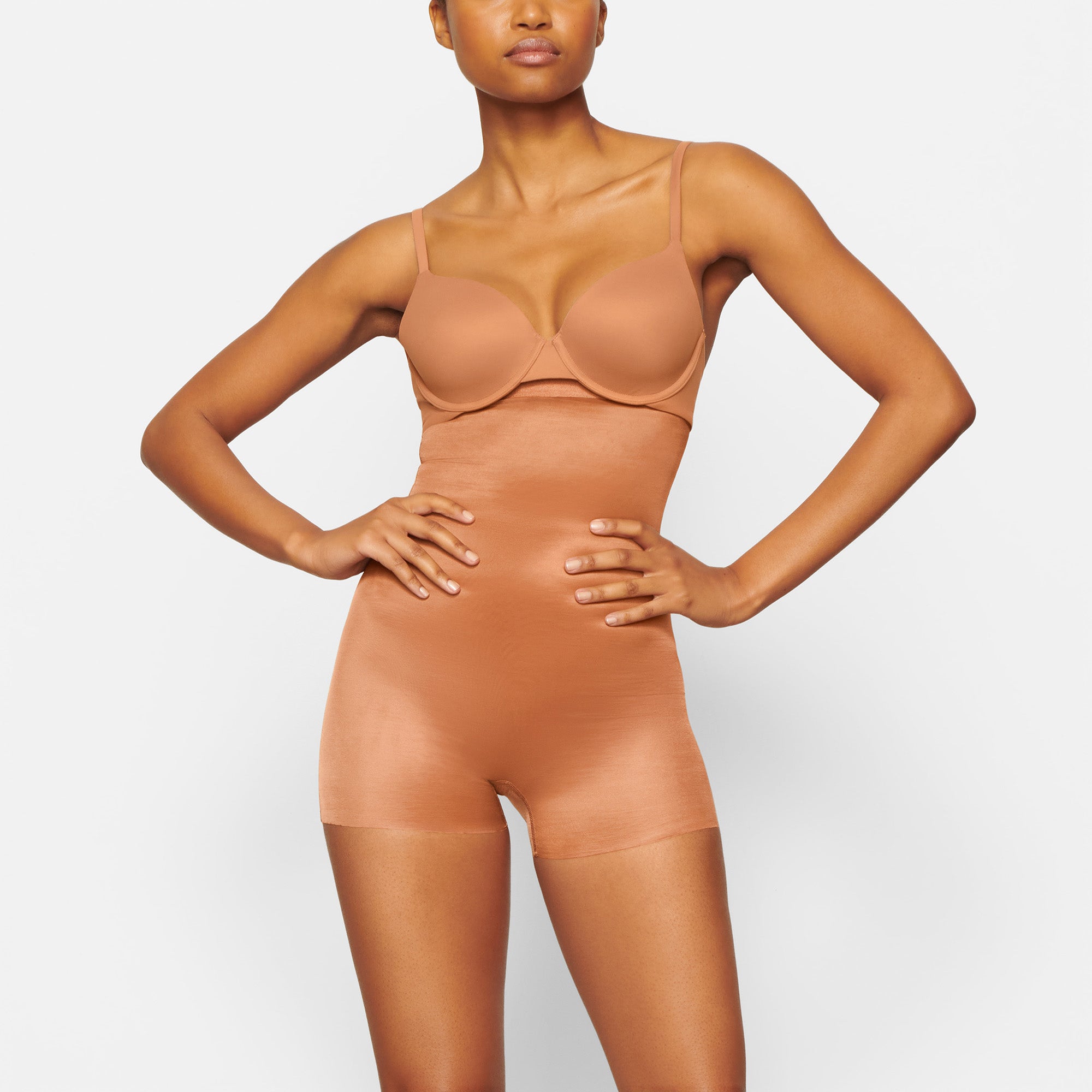 BARELY THERE HIGH WAIST SHORTIE WORN BY A MODEL IN FRONT VIEW | SEE: XXS, XS, S