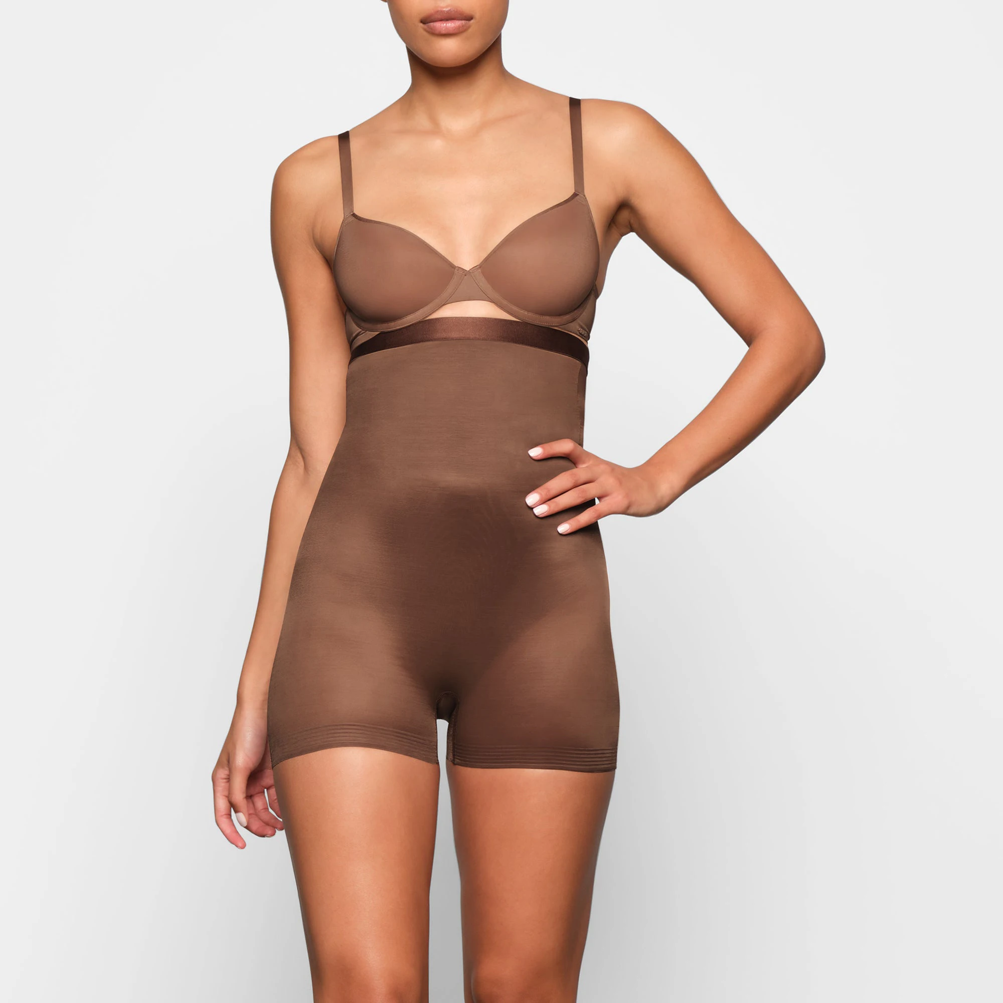 BARELY THERE HIGH WAIST SHORTIE WORN BY A MODEL IN FRONT VIEW | SEE: XXS, XS, S