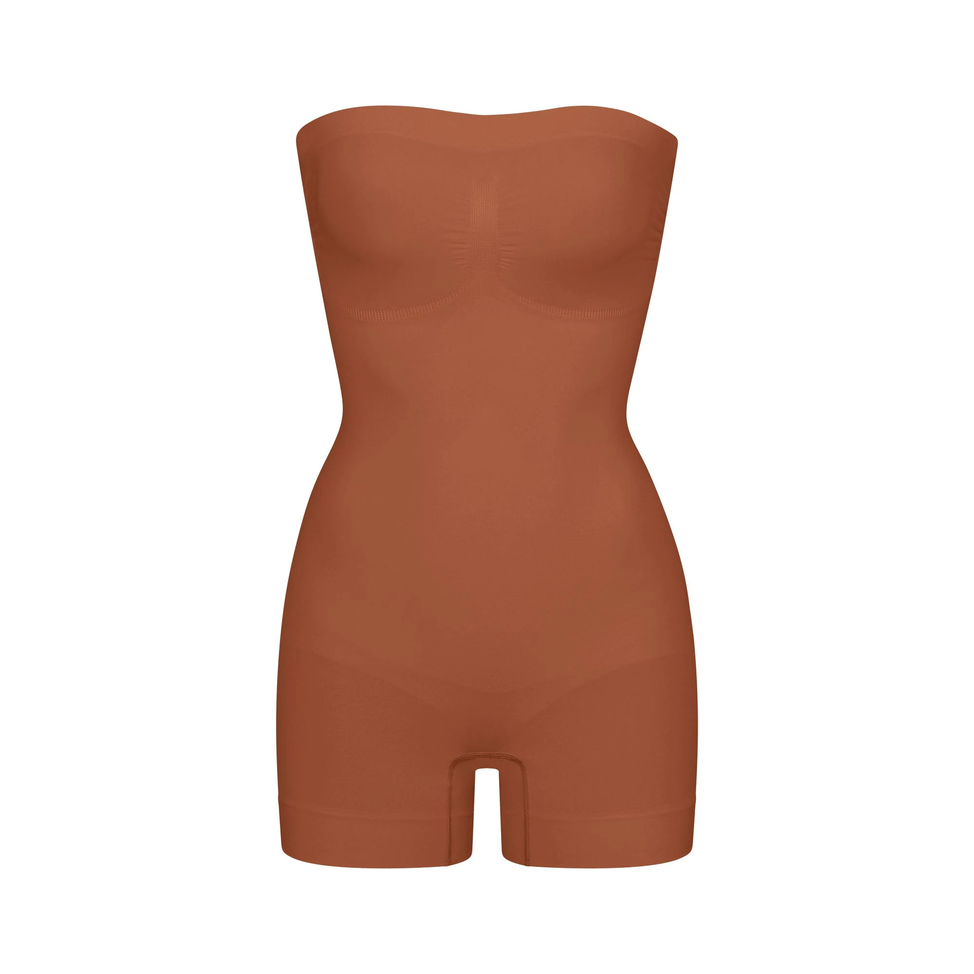 SEAMLESS SCULPT STRAPLESS SHORTIE BODYSUIT | BRONZE (ONESIES, BODYSUITS) LAYS FLAT ON A WHITE BACKGROUND