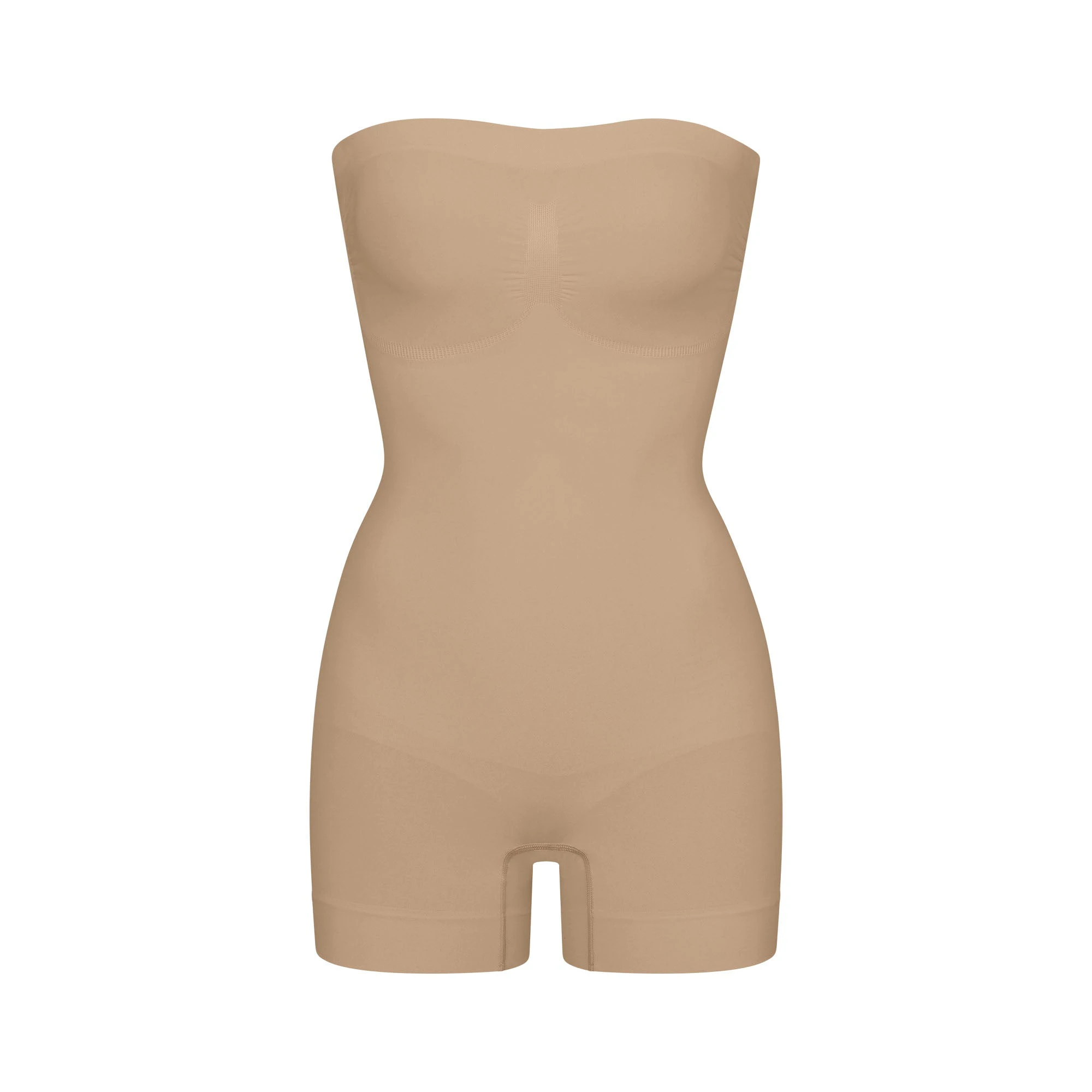 SEAMLESS SCULPT STRAPLESS SHORTIE BODYSUIT | CLAY (ONESIES, BODYSUITS) LAYS FLAT ON A WHITE BACKGROUND | FLT