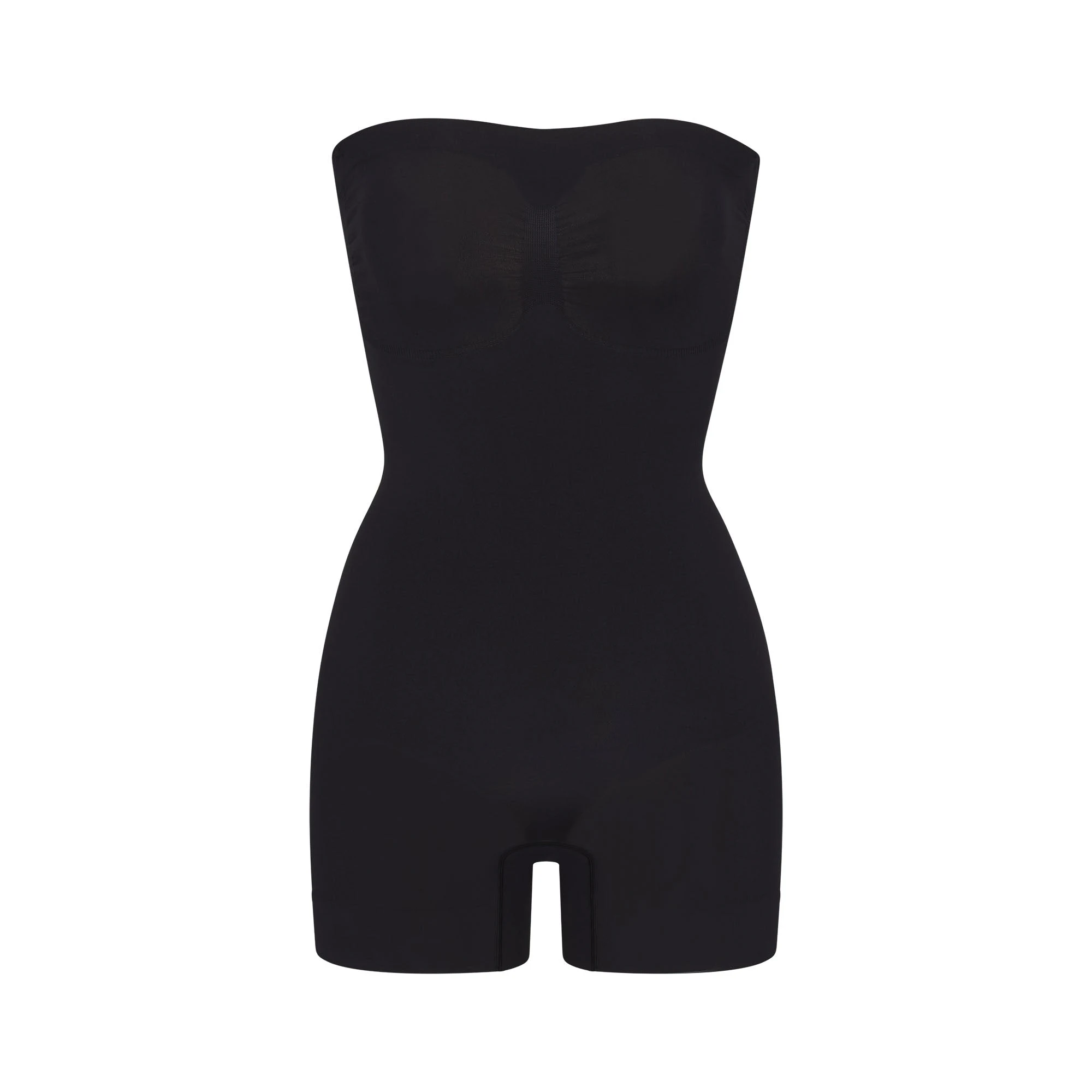 SEAMLESS SCULPT STRAPLESS SHORTIE BODYSUIT | ONYX (ONESIES, BODYSUITS) LAYS FLAT ON A WHITE BACKGROUND | FLT