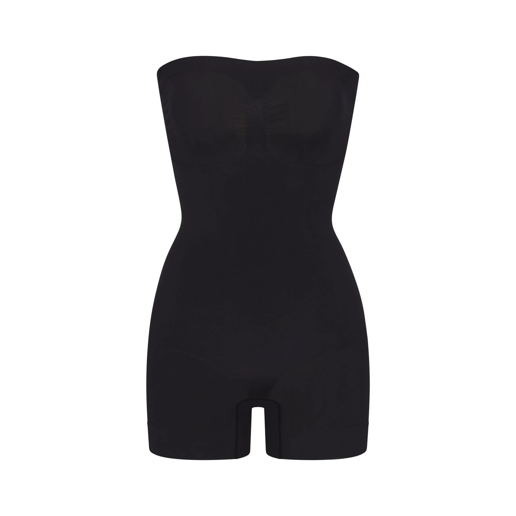 SEAMLESS SCULPT STRAPLESS SHORTIE BODYSUIT | ONYX (ONESIES, BODYSUITS) LAYS FLAT ON A WHITE BACKGROUND | FLT