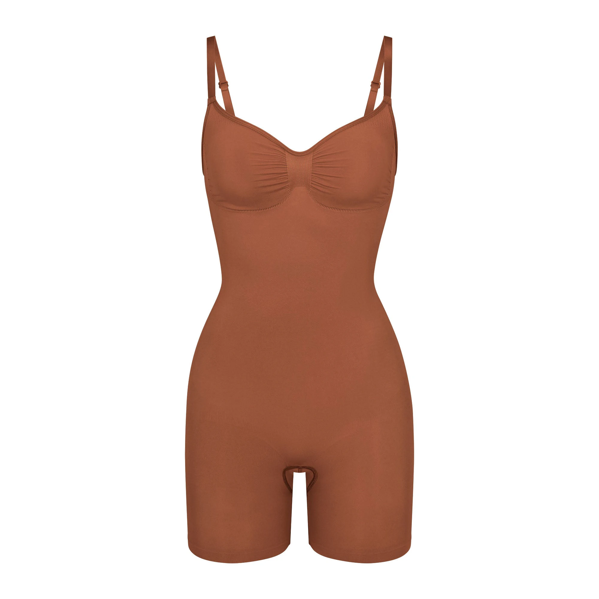 SEAMLESS SCULPT MID THIGH BODYSUIT | BRONZE (ONESIES, BODYSUITS) LAYS FLAT ON A WHITE BACKGROUND