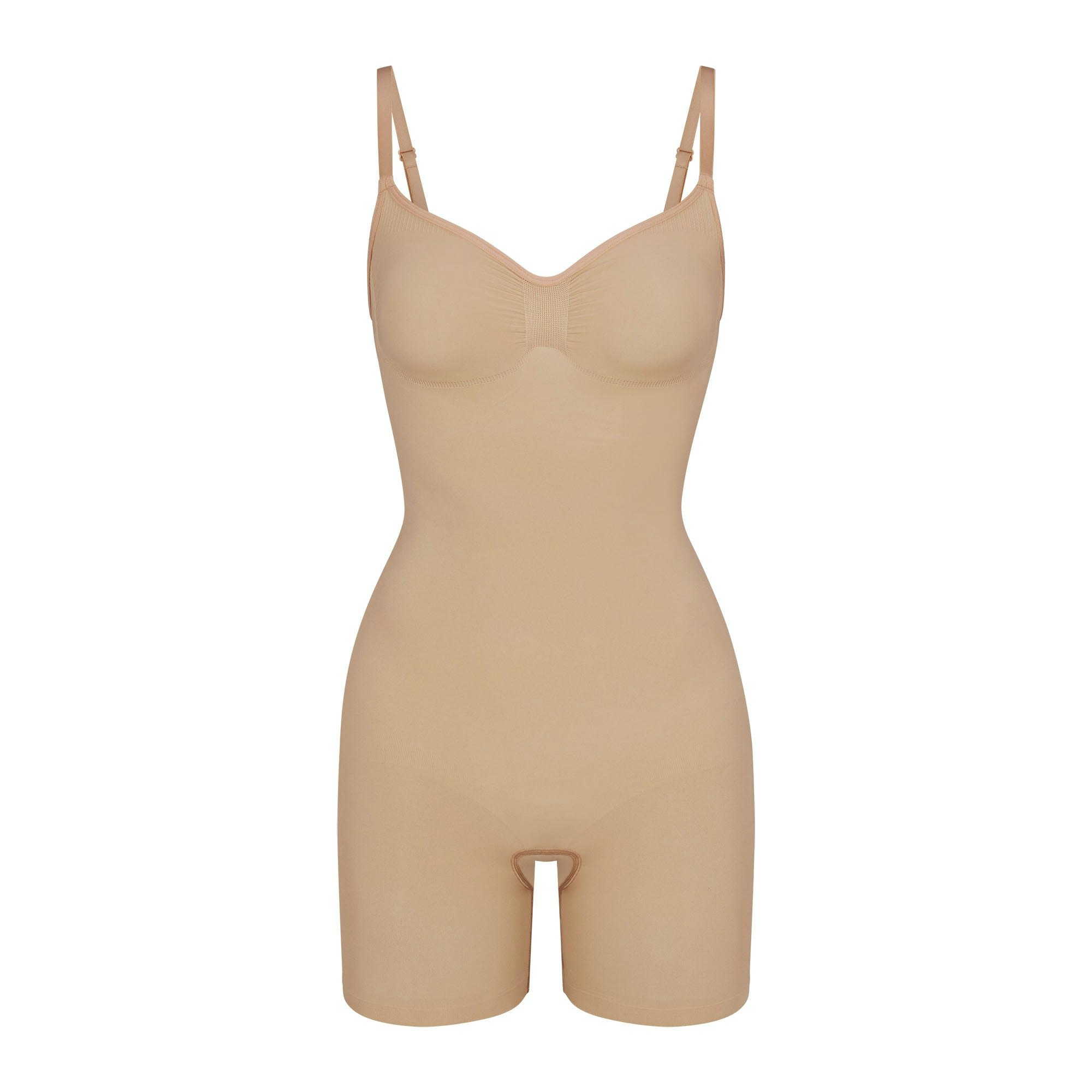 SEAMLESS SCULPT MID THIGH BODYSUIT | CLAY (ONESIES, BODYSUITS) LAYS FLAT ON A WHITE BACKGROUND | FLT