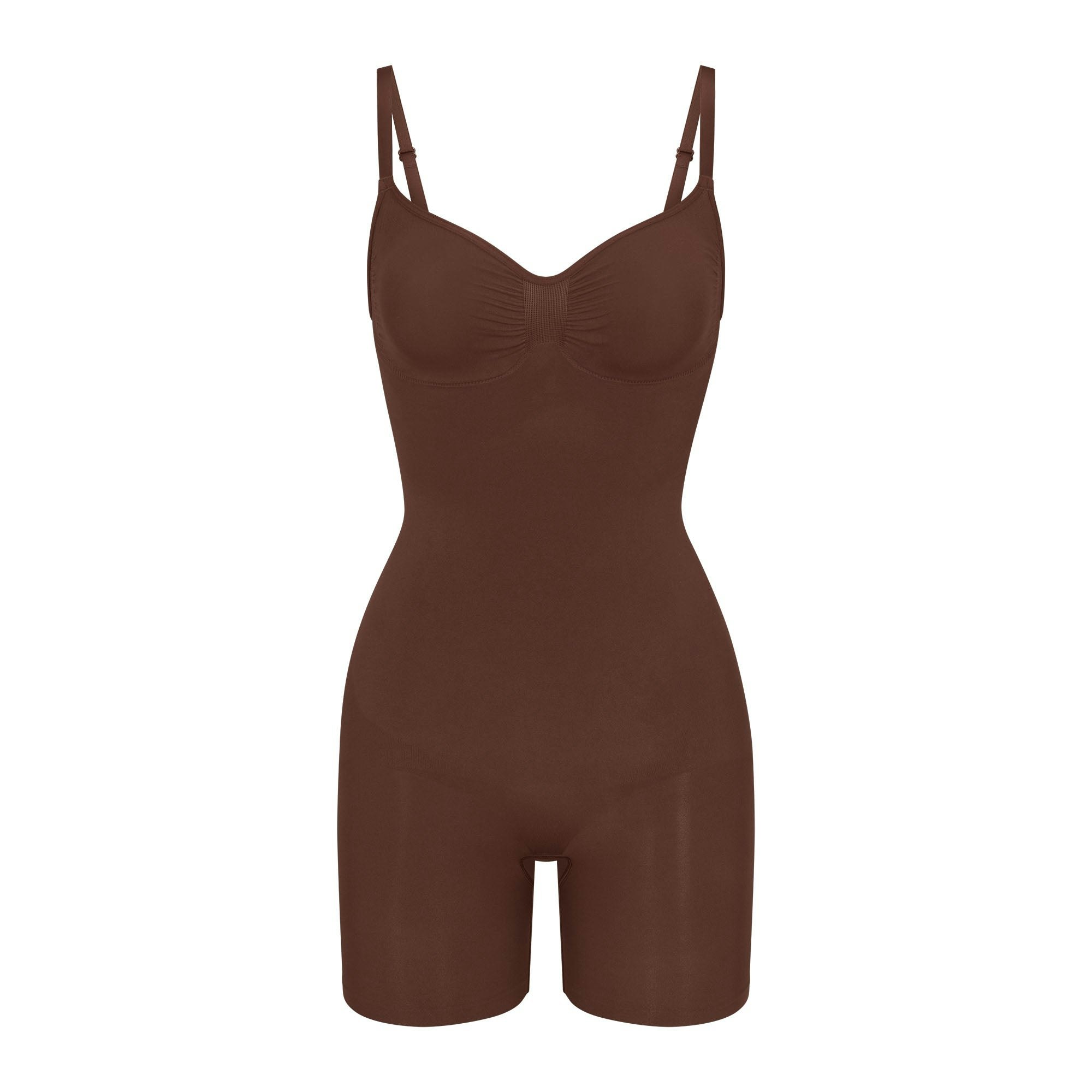 SEAMLESS SCULPT MID THIGH BODYSUIT | COCOA (ONESIES, BODYSUITS) LAYS FLAT ON A WHITE BACKGROUND | FLT