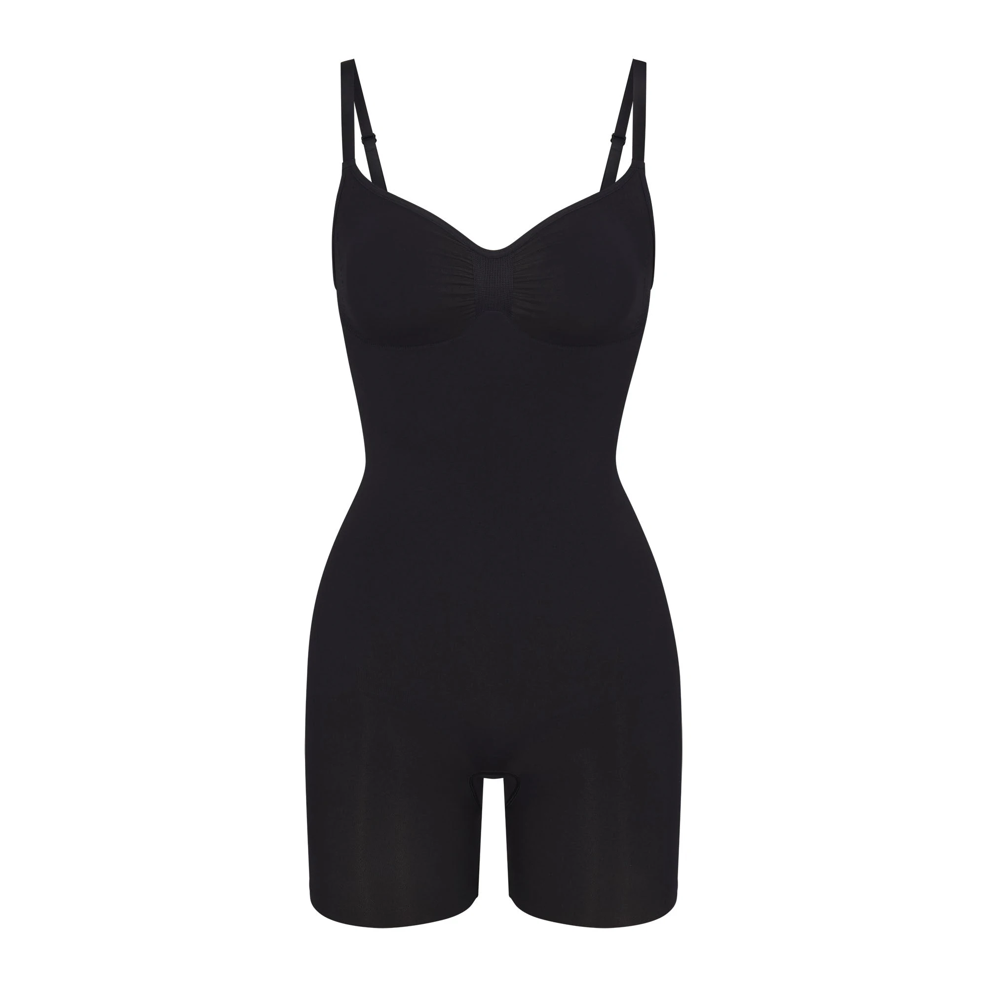 SEAMLESS SCULPT MID THIGH BODYSUIT | ONYX (ONESIES, BODYSUITS) LAYS FLAT ON A WHITE BACKGROUND | FLT