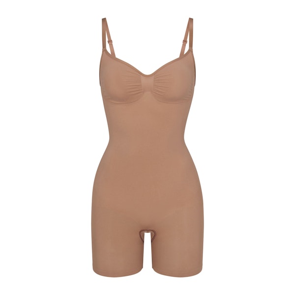 SEAMLESS SCULPT MID THIGH BODYSUIT | SIENNA (ONESIES, BODYSUITS) LAYS FLAT ON A WHITE BACKGROUND | FLT