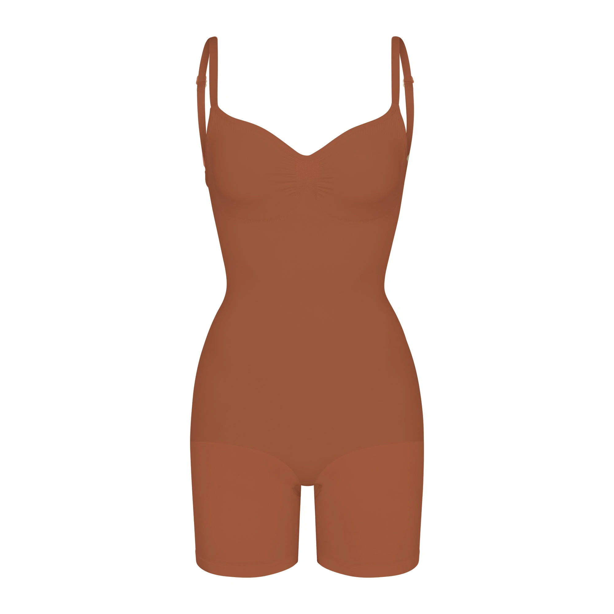 SEAMLESS SCULPT LOW BACK MID THIGH BODYSUIT | BRONZE (LOW BACK SHAPEWEAR, BODYSUITS) LAYS FLAT ON A WHITE BACKGROUND