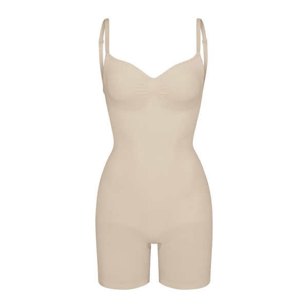SEAMLESS SCULPT LOW BACK MID THIGH BODYSUIT | SAND (LOW BACK SHAPEWEAR, BODYSUITS) LAYS FLAT ON A WHITE BACKGROUND | FLT