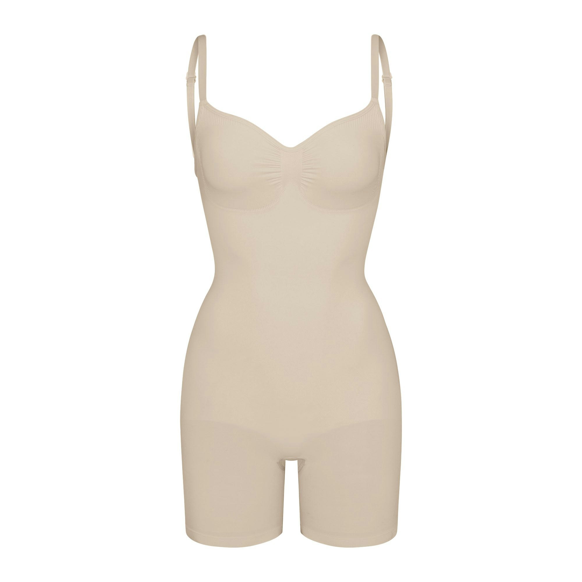 SEAMLESS SCULPT LOW BACK MID THIGH BODYSUIT | SAND (LOW BACK SHAPEWEAR, BODYSUITS) LAYS FLAT ON A WHITE BACKGROUND | FLT