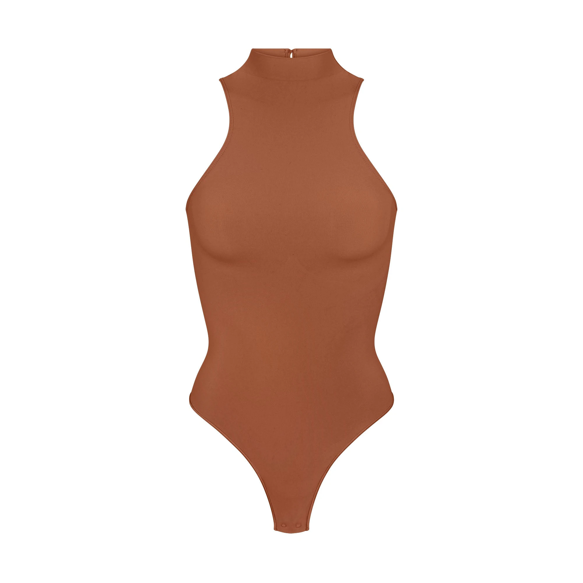SEAMLESS SCULPT HIGH NECK THONG BODYSUIT LAYS FLAT ON A WHITE BACKGROUND