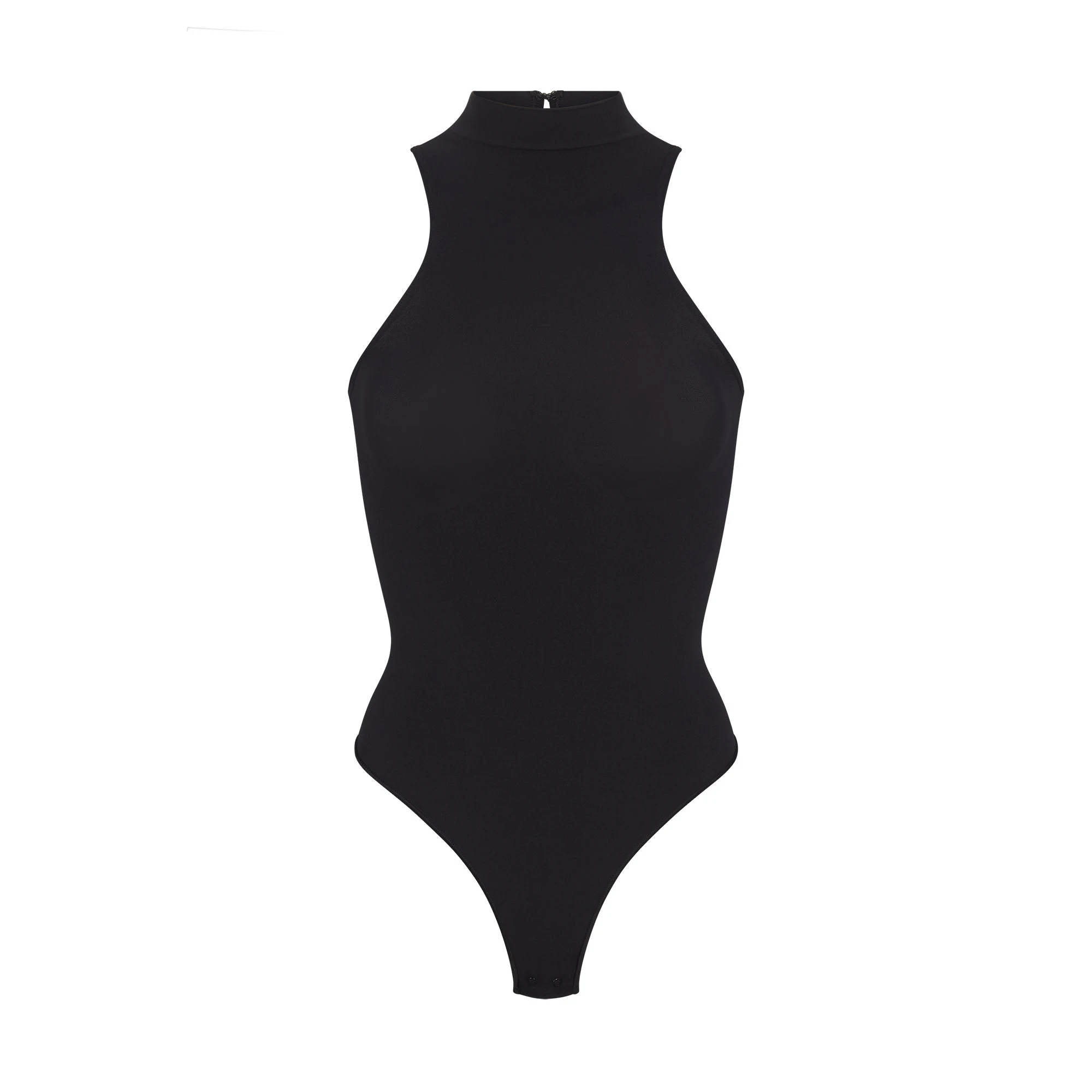 SEAMLESS SCULPT HIGH NECK THONG BODYSUIT LAYS FLAT ON A WHITE BACKGROUND