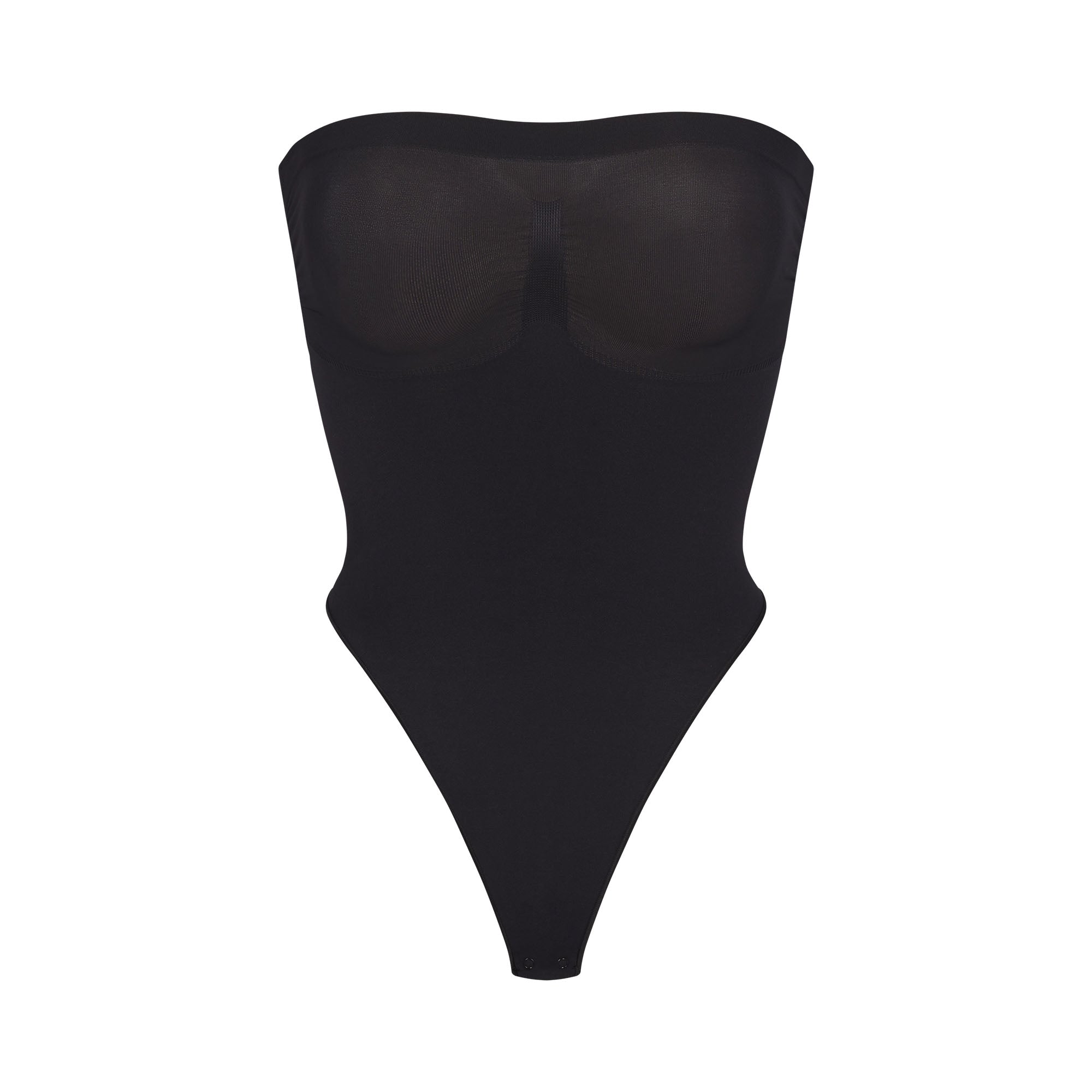 SEAMLESS SCULPT STRAPLESS THONG BODYSUIT | ONYX (SHAPEWEAR BODYSUITS) LAYS FLAT ON A WHITE BACKGROUND | FLT