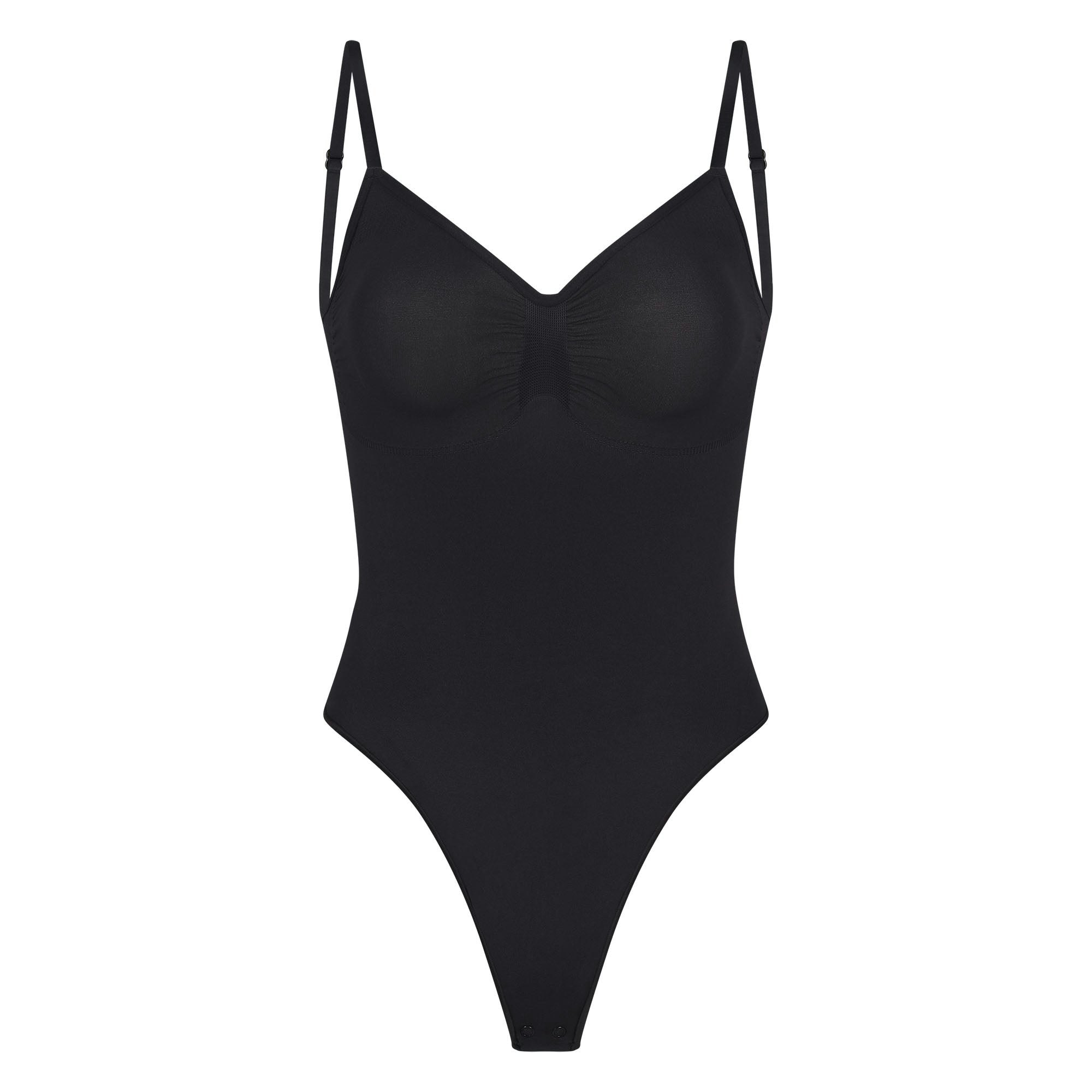 SEAMLESS SCULPT LOW BACK THONG BODYSUIT | ONYX (LOW BACK SHAPEWEAR, BODYSUITS) LAYS FLAT ON A WHITE BACKGROUND | FLT