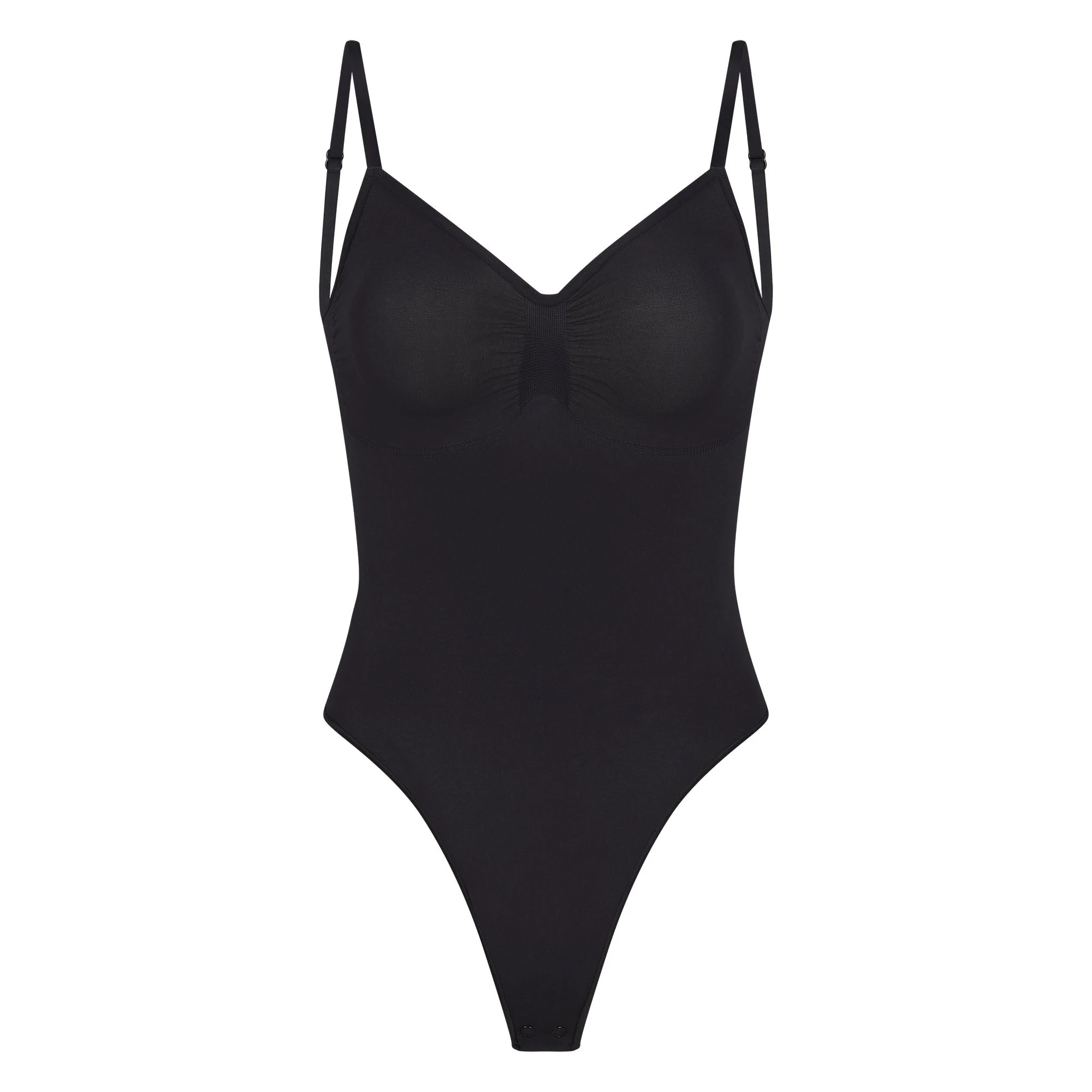 SEAMLESS SCULPT LOW BACK THONG BODYSUIT | ONYX (LOW BACK SHAPEWEAR, BODYSUITS) LAYS FLAT ON A WHITE BACKGROUND | FLT