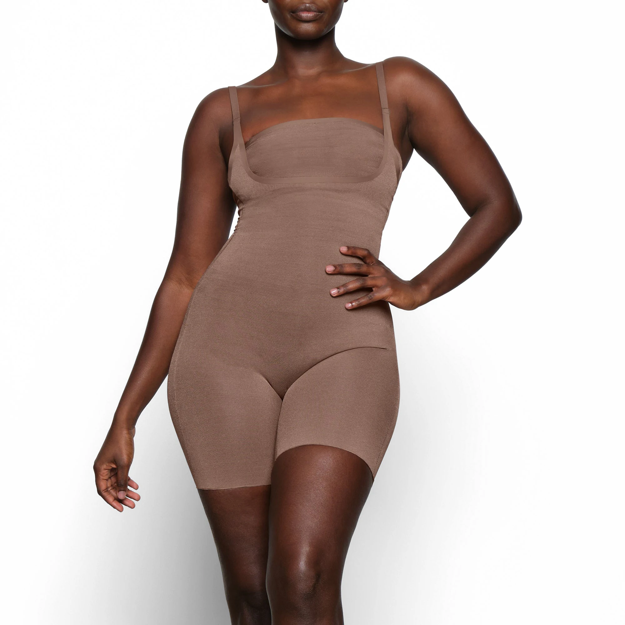 SHEER SCULPT OPEN BUST BODYSUIT WORN BY A MODEL IN FRONT VIEW | SEE: M, L, XL