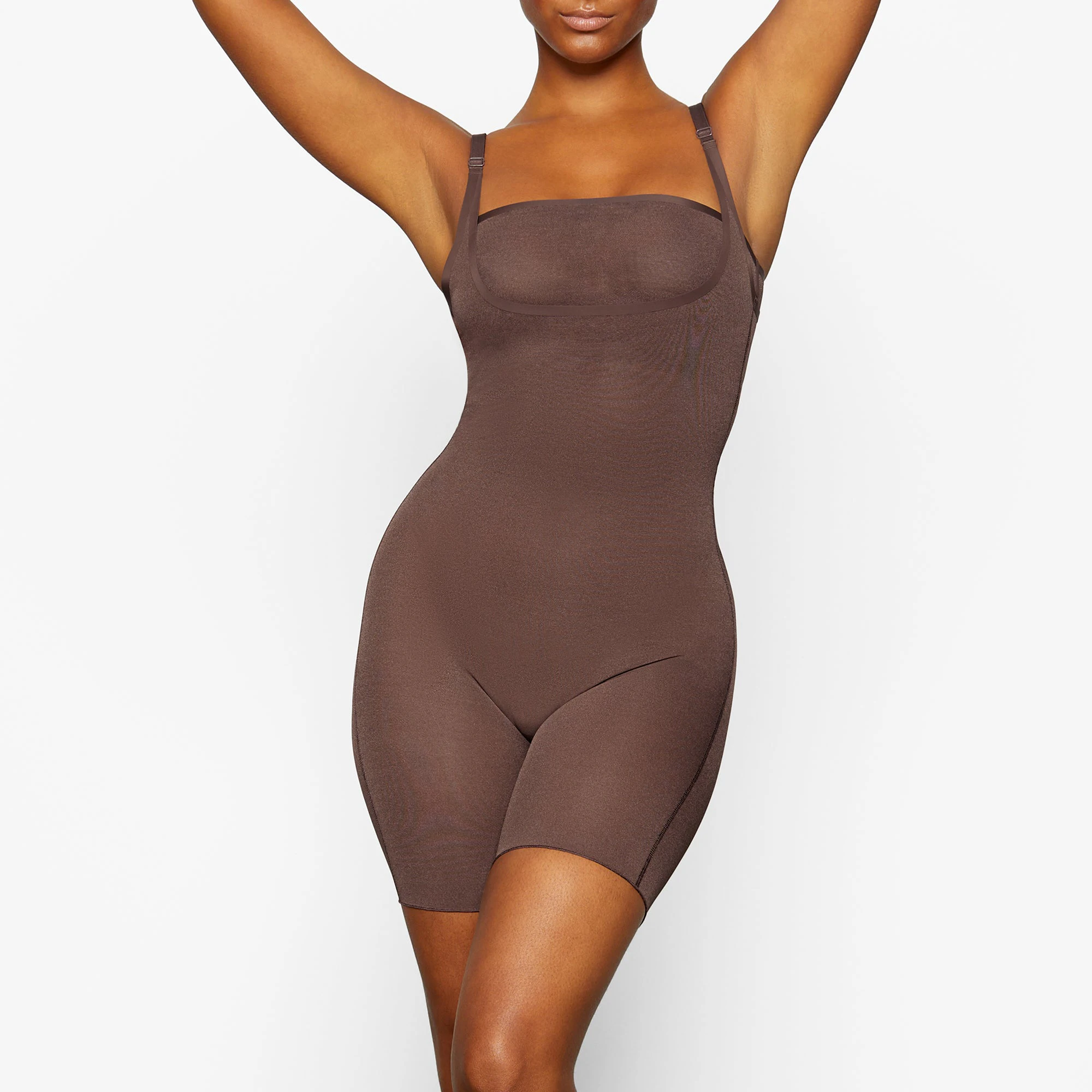 SHEER SCULPT OPEN BUST BODYSUIT WORN BY A MODEL IN FRONT VIEW | SEE: M, L, XL
