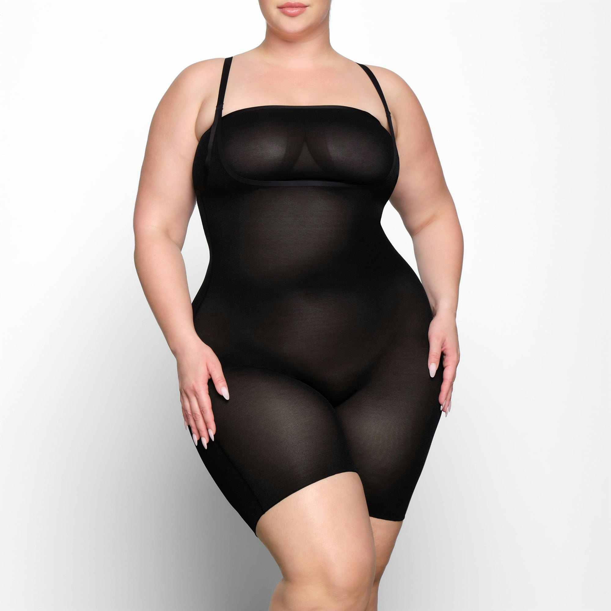 SHEER SCULPT OPEN BUST BODYSUIT WORN BY A MODEL IN FRONT VIEW | SEE: 2X, 3X, 4X