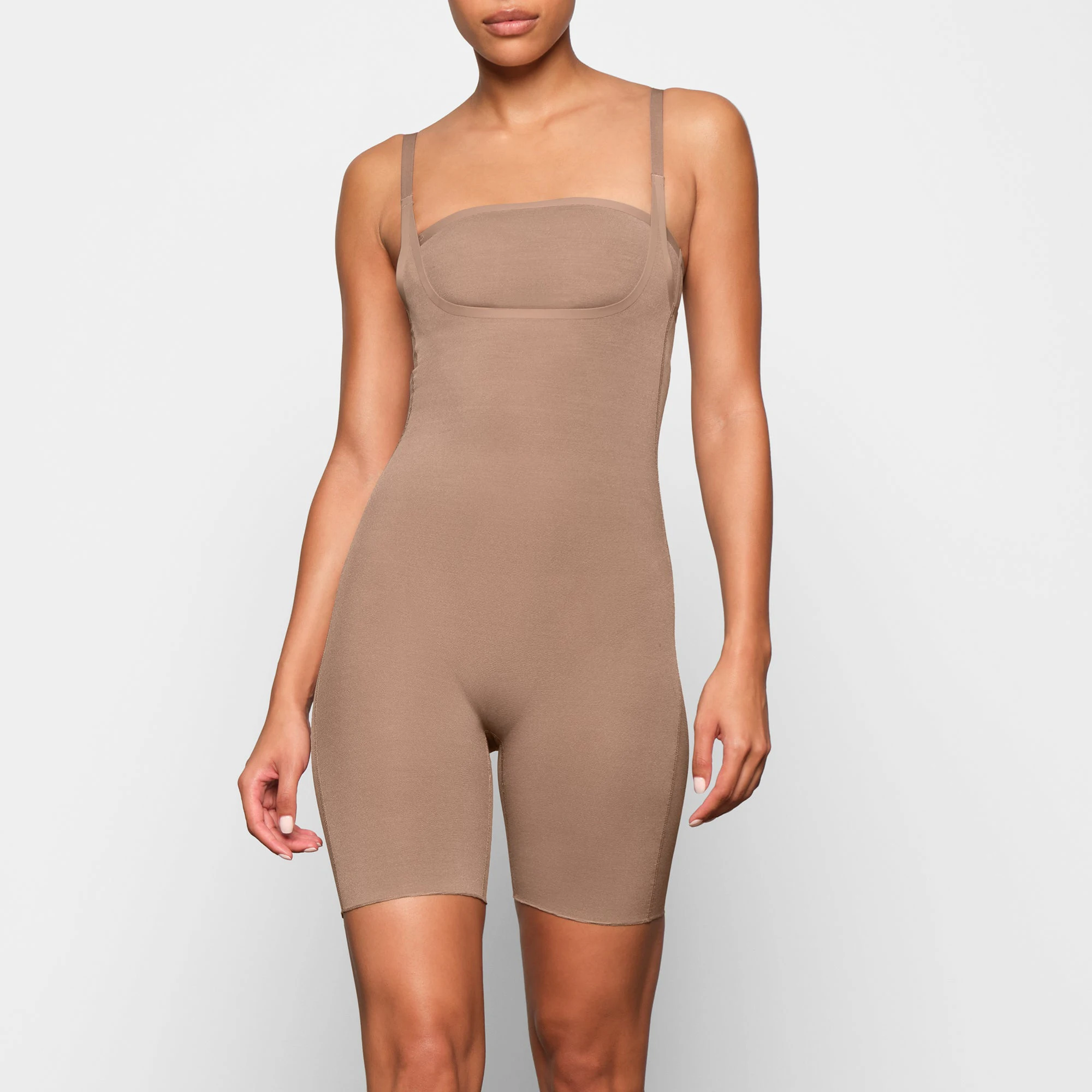 SHEER SCULPT OPEN BUST BODYSUIT WORN BY A MODEL IN FRONT VIEW | SEE: XXS, XS, S