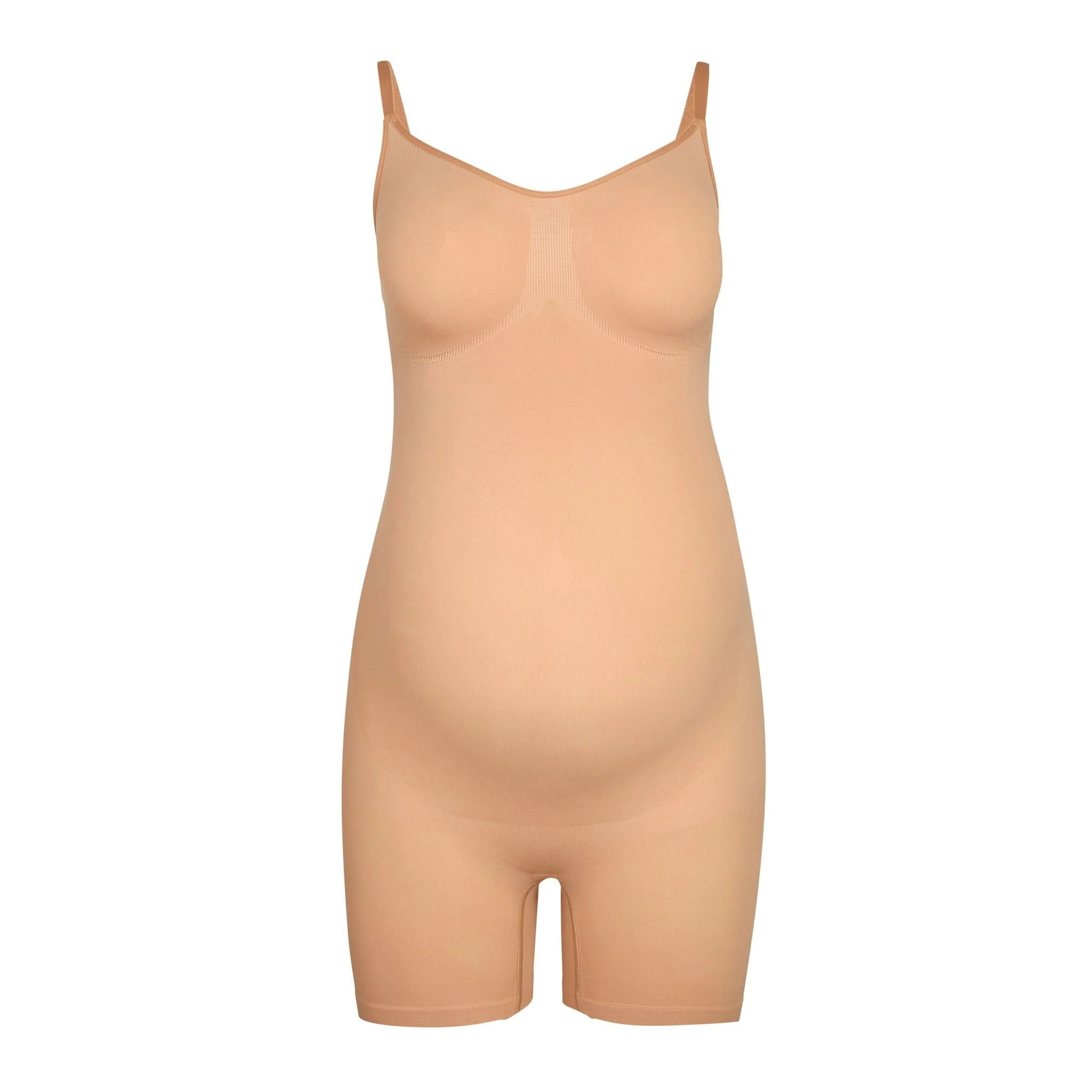 MATERNITY SCULPTING BODYSUIT MID THIGH | OCHRE (MATERNITY SHAPEWEAR, BODYSUITS) LAYS FLAT ON A WHITE BACKGROUND | FLT