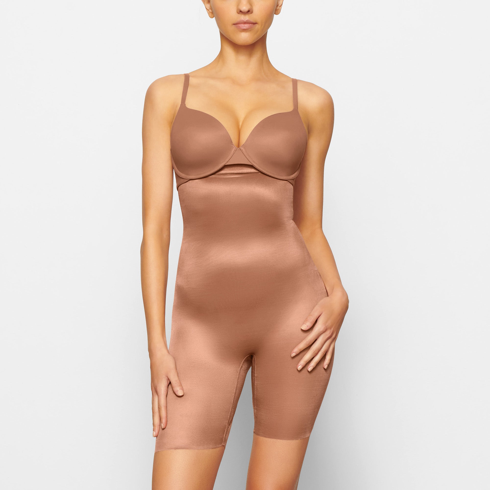 BARELY THERE MID THIGH SHORT WORN BY A MODEL IN FRONT VIEW | SEE: XXS, XS, S