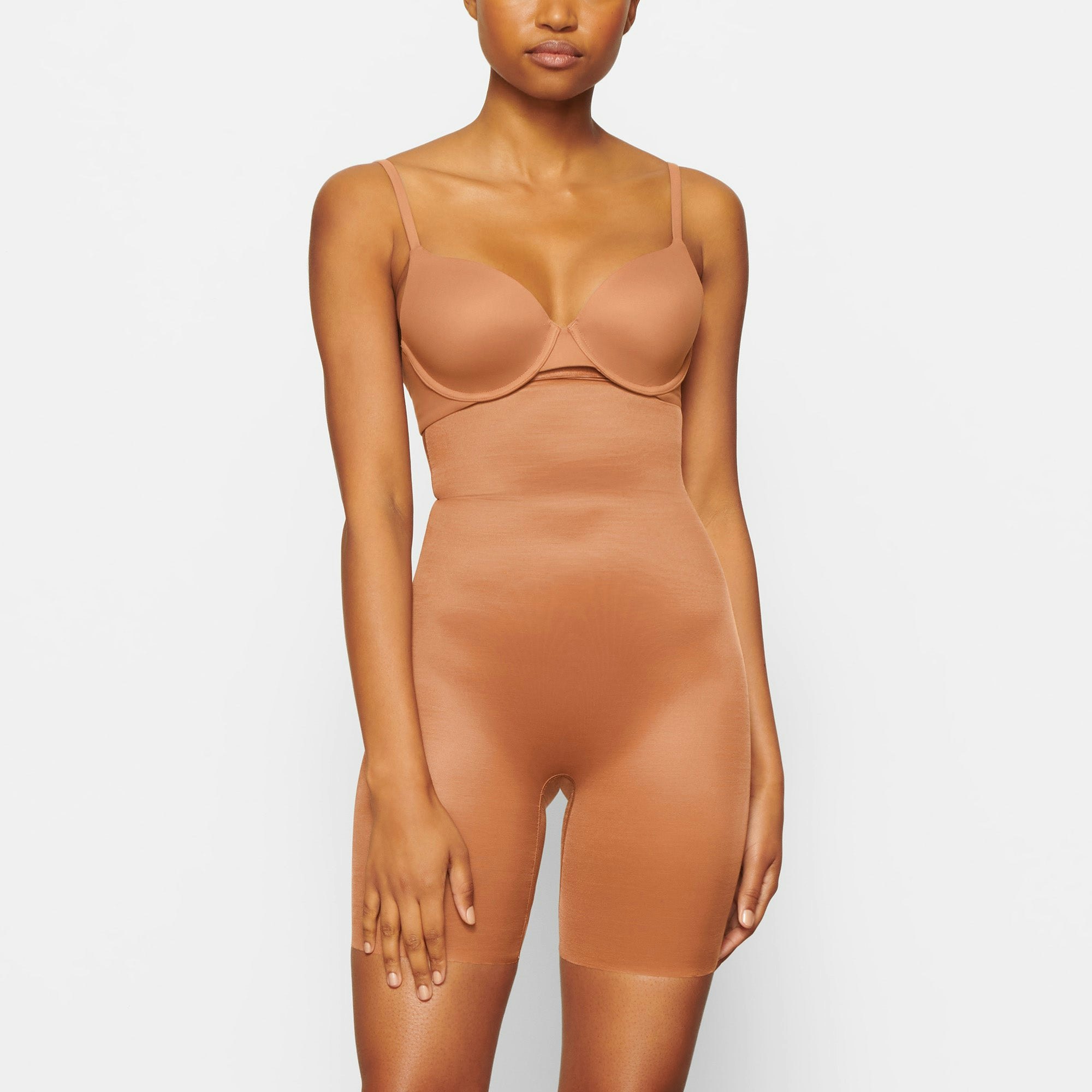 BARELY THERE MID THIGH SHORT WORN BY A MODEL IN FRONT VIEW | SEE: XXS, XS, S
