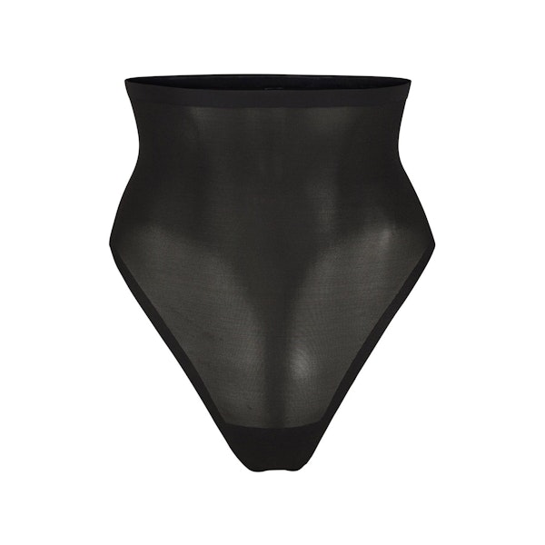 SHEER SCULPT HIGH WAIST THONG LAYS FLAT ON A WHITE BACKGROUND | FLT
