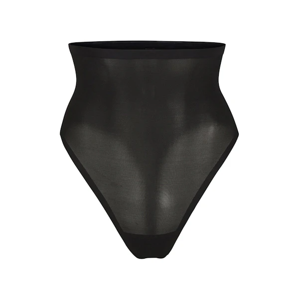 SHEER SCULPT HIGH WAIST THONG LAYS FLAT ON A WHITE BACKGROUND | FLT