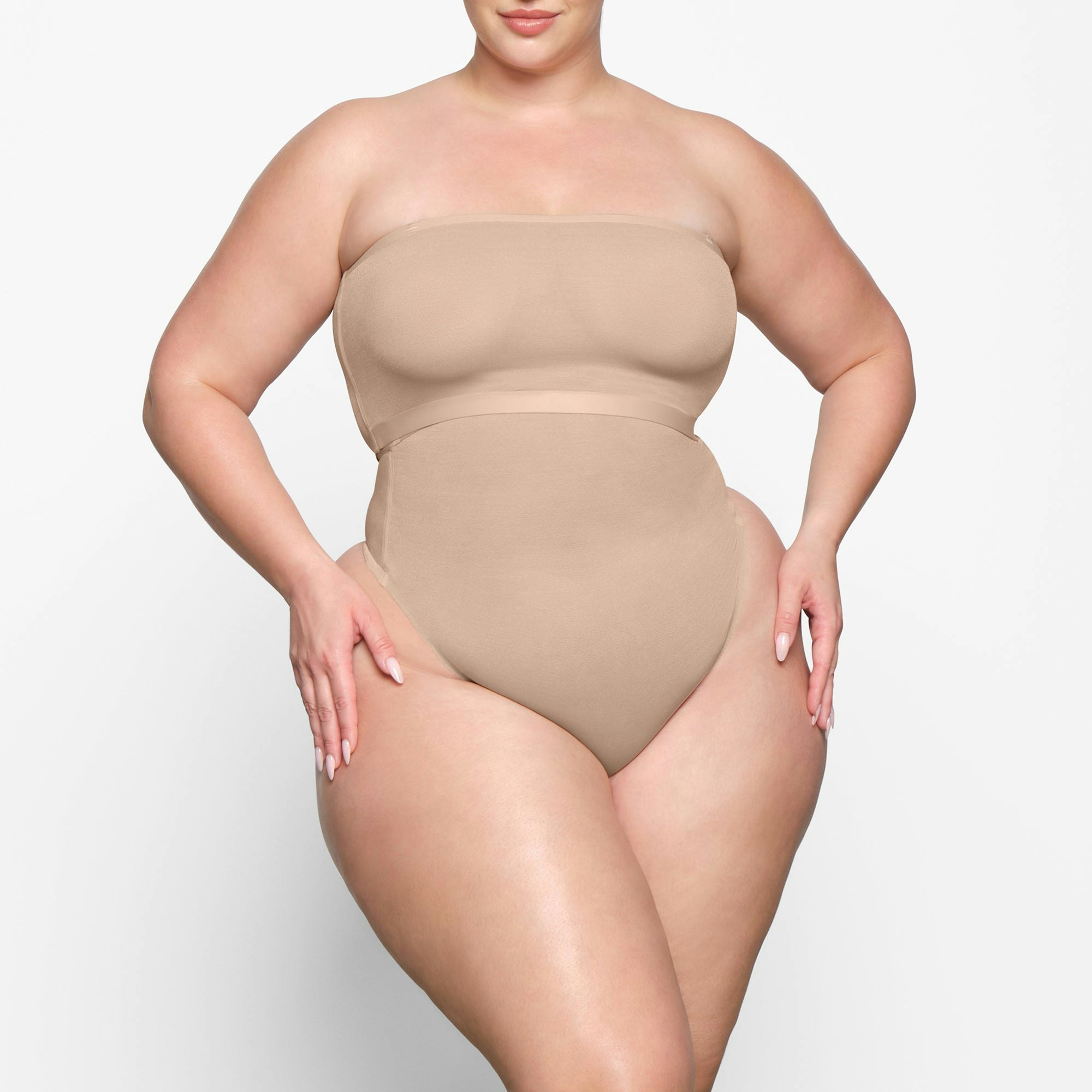 SHEER SCULPT HIGH WAIST THONG WORN BY A MODEL IN FRONT VIEW | SEE: 2X, 3X, 4X