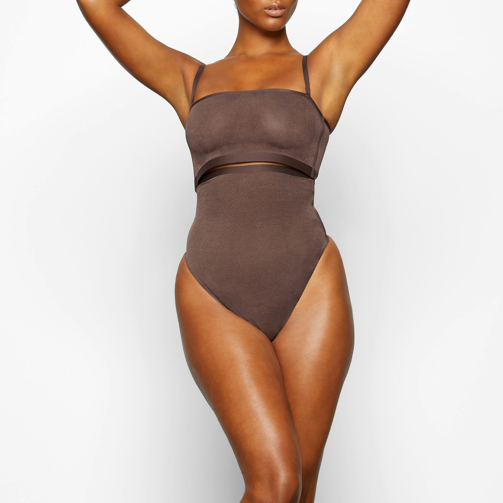 SHEER SCULPT HIGH WAIST THONG WORN BY A MODEL IN FRONT VIEW | SEE: M, L, XL