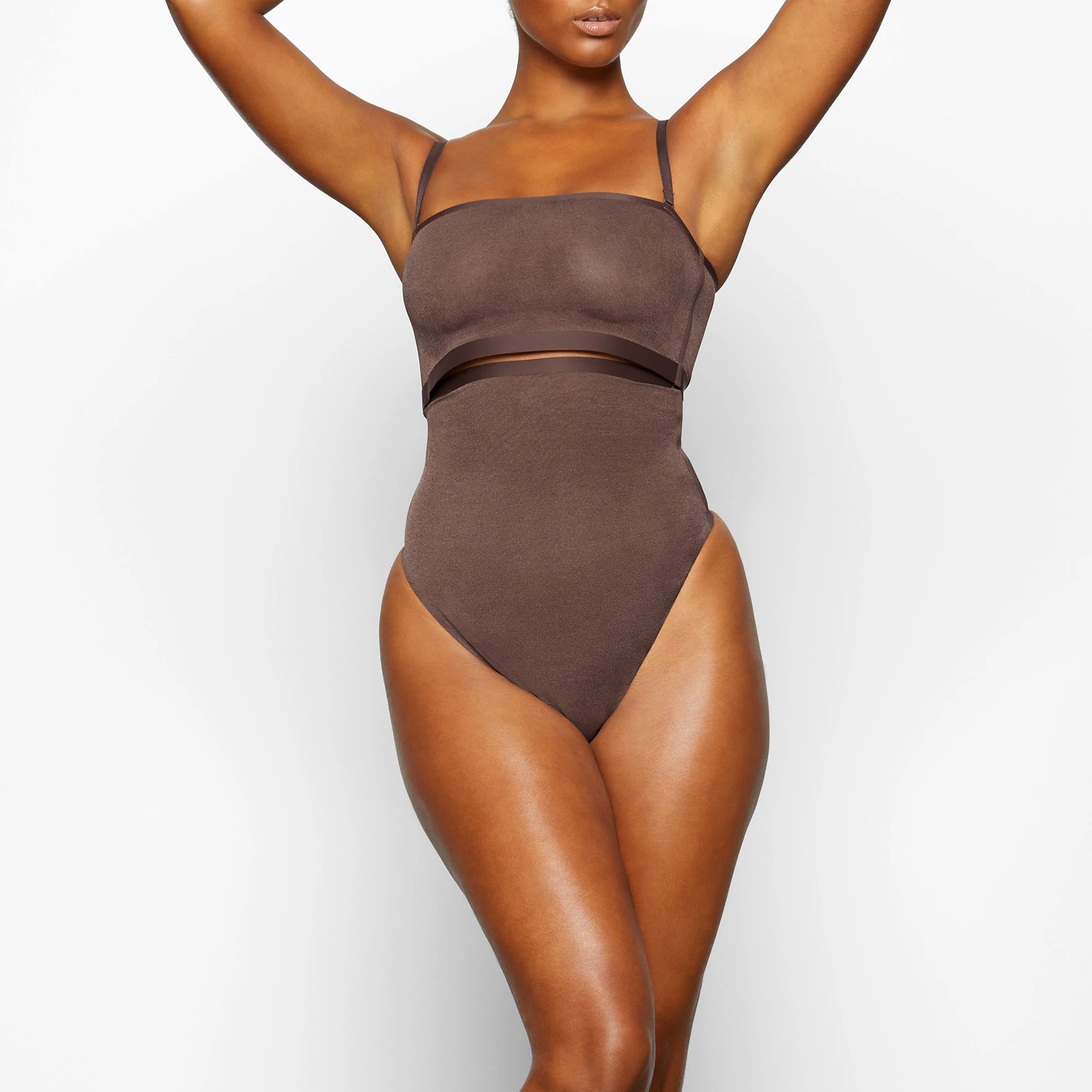 SHEER SCULPT HIGH WAIST THONG WORN BY A MODEL IN FRONT VIEW | SEE: M, L, XL