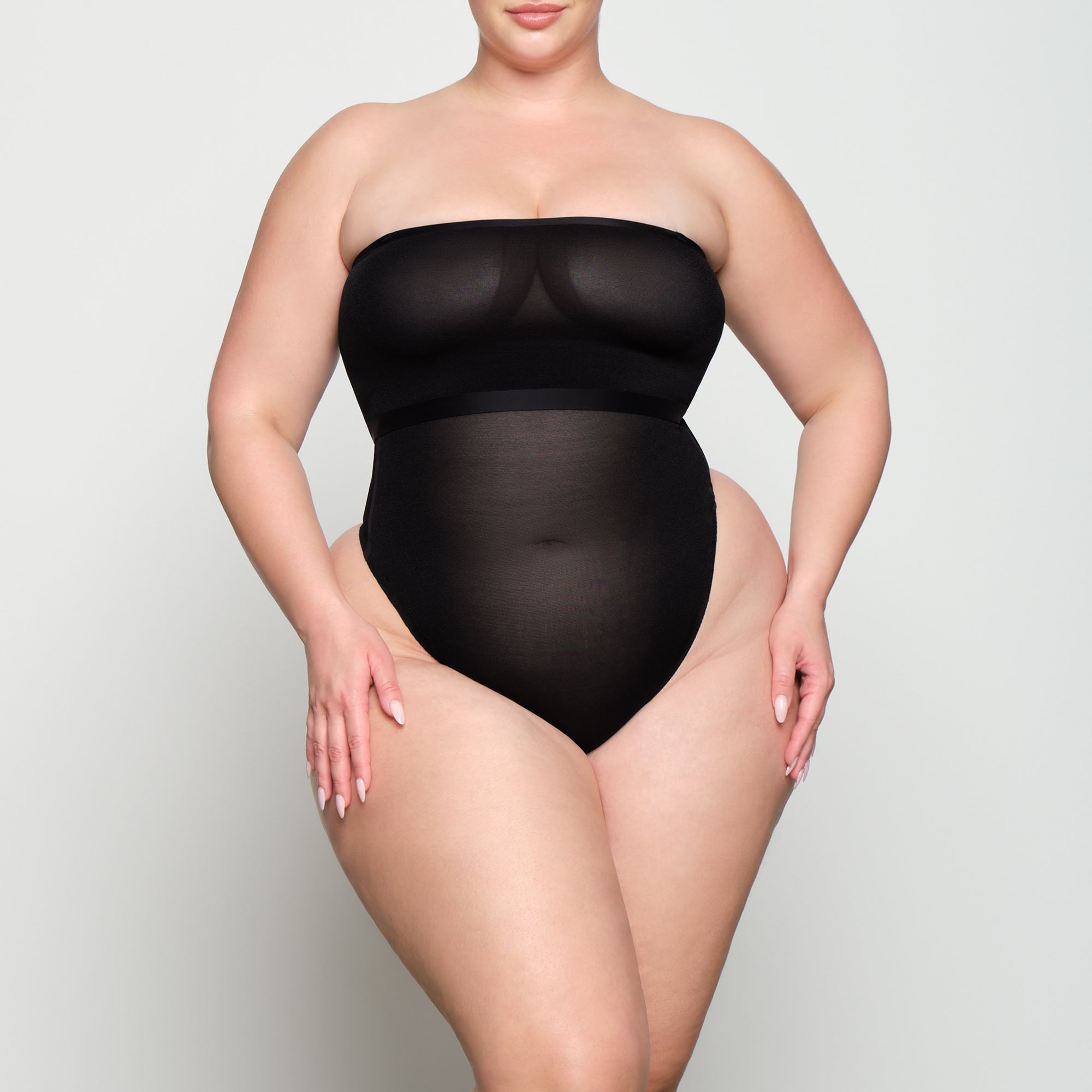 SHEER SCULPT HIGH WAIST THONG WORN BY A MODEL IN FRONT VIEW | SEE: 2X, 3X, 4X