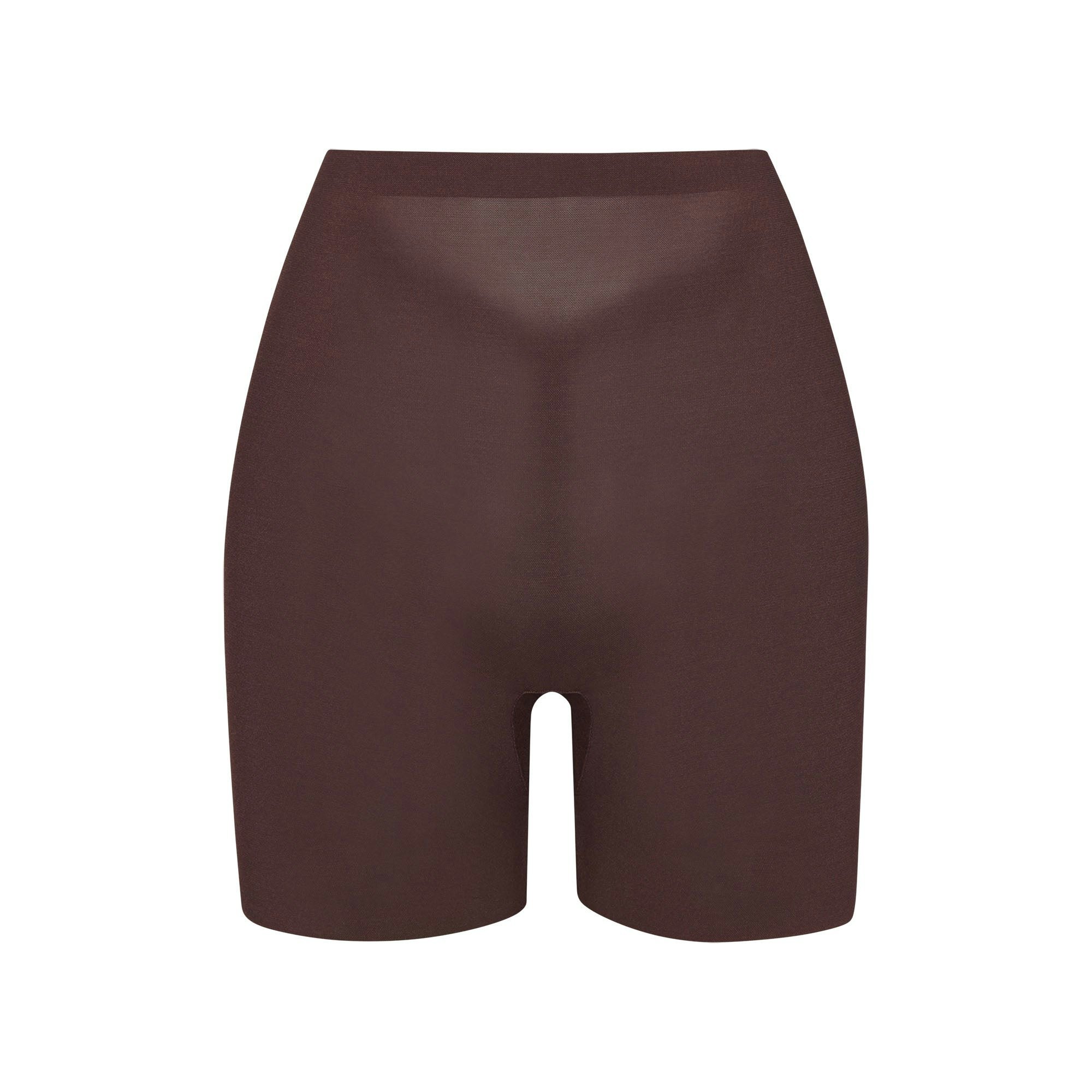SHEER SCULPT LOW BACK SHORT | COCOA (LOW BACK SHAPEWEAR, SHAPEWEAR) LAYS FLAT ON A WHITE BACKGROUND | FLT