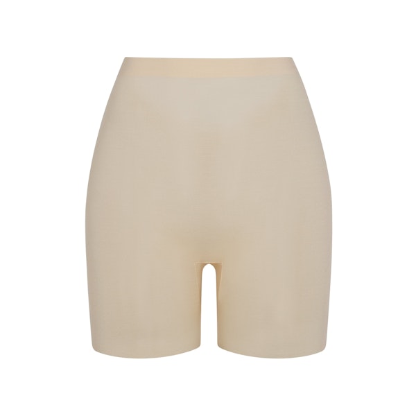 SHEER SCULPT LOW BACK SHORT | SAND (LOW BACK SHAPEWEAR, SHAPEWEAR) LAYS FLAT ON A WHITE BACKGROUND | FLT