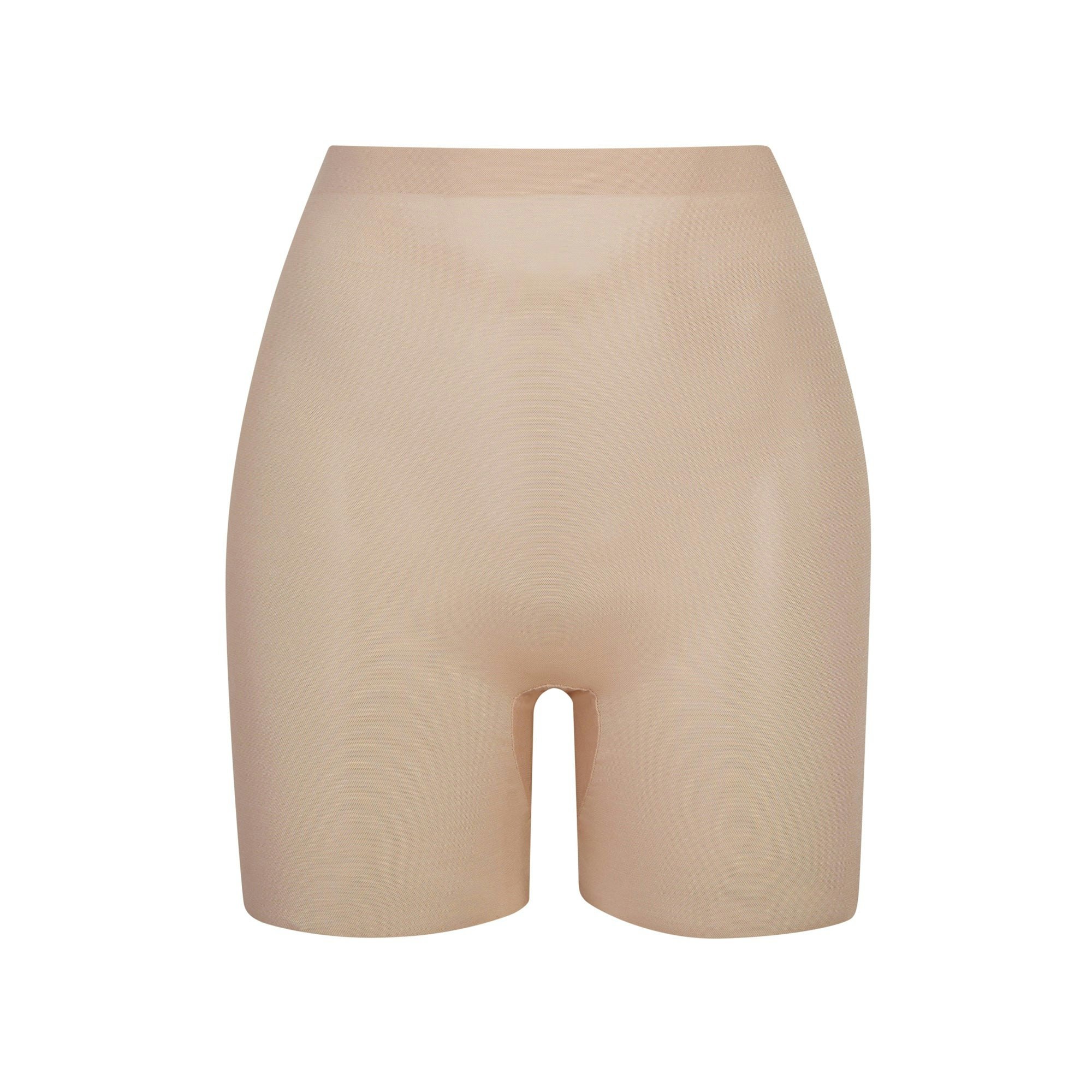 SHEER SCULPT LOW BACK SHORT | CLAY (LOW BACK SHAPEWEAR, SHAPEWEAR) LAYS FLAT ON A WHITE BACKGROUND | FLT