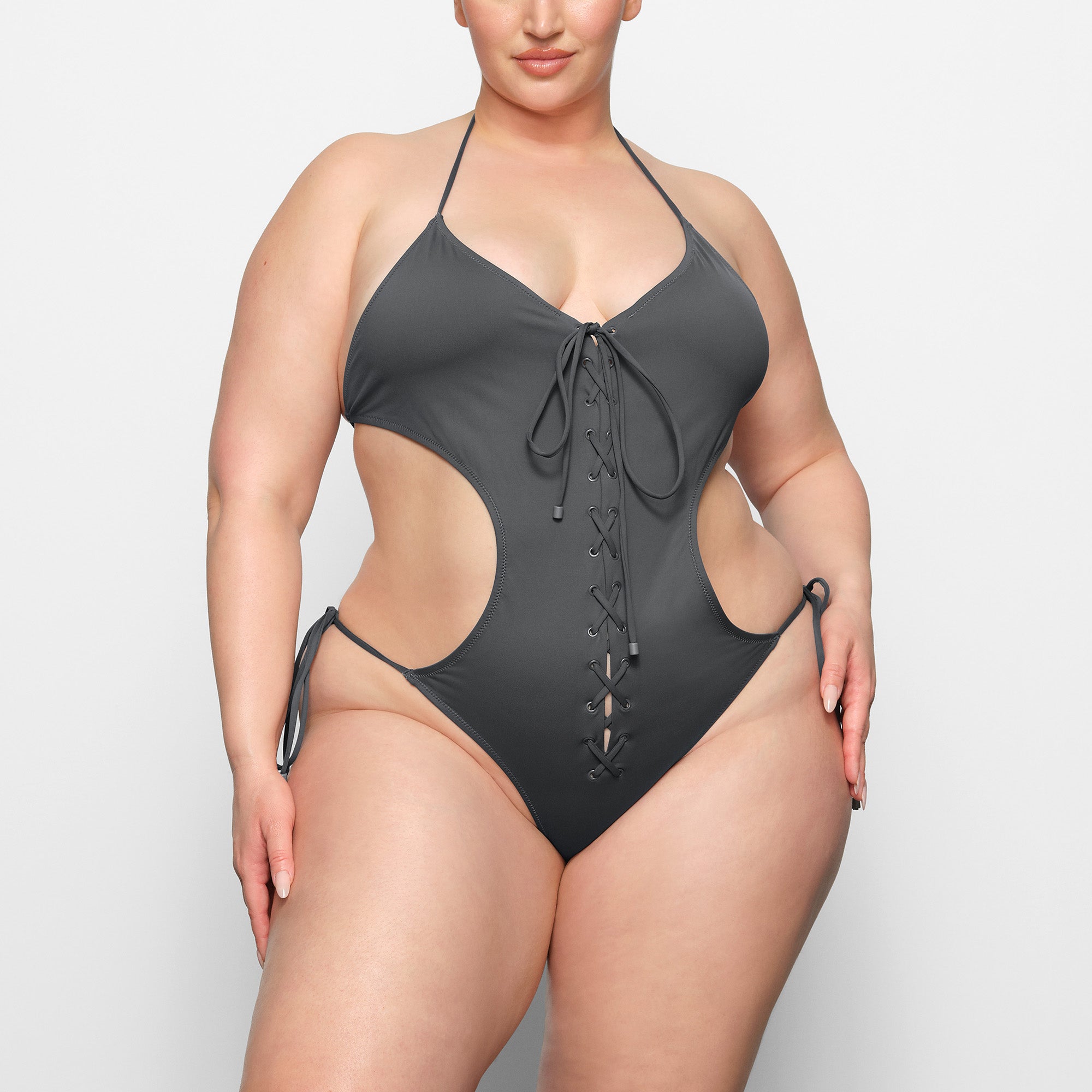 SWIM LACE UP MONOKINI WORN BY A MODEL IN FRONT VIEW | SEE: 2X, 3X, 4X