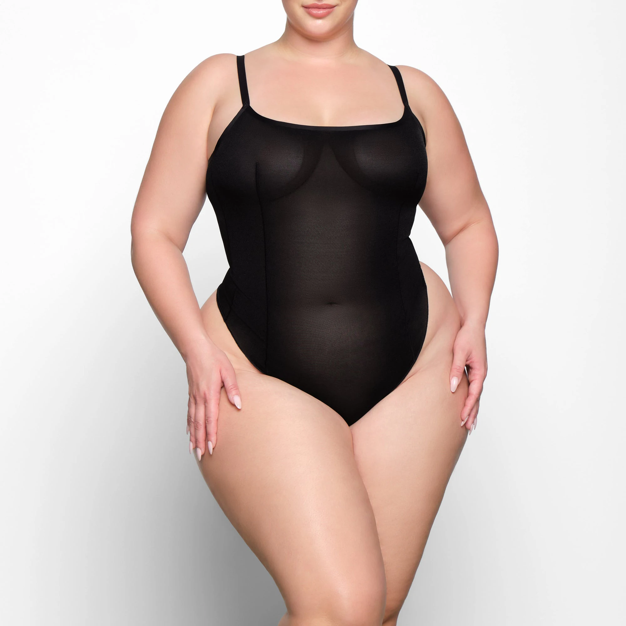 SHEER SCULPT BODYSUIT WORN BY A MODEL IN FRONT VIEW | SEE: 2X, 3X, 4X