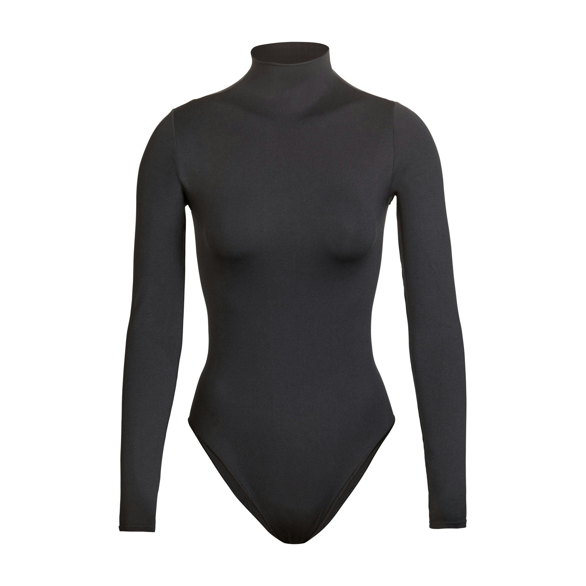 ESSENTIAL MOCK NECK LONG SLEEVE BODYSUIT | ONYX (BODYSUITS) LAYS FLAT ON A WHITE BACKGROUND | FLT